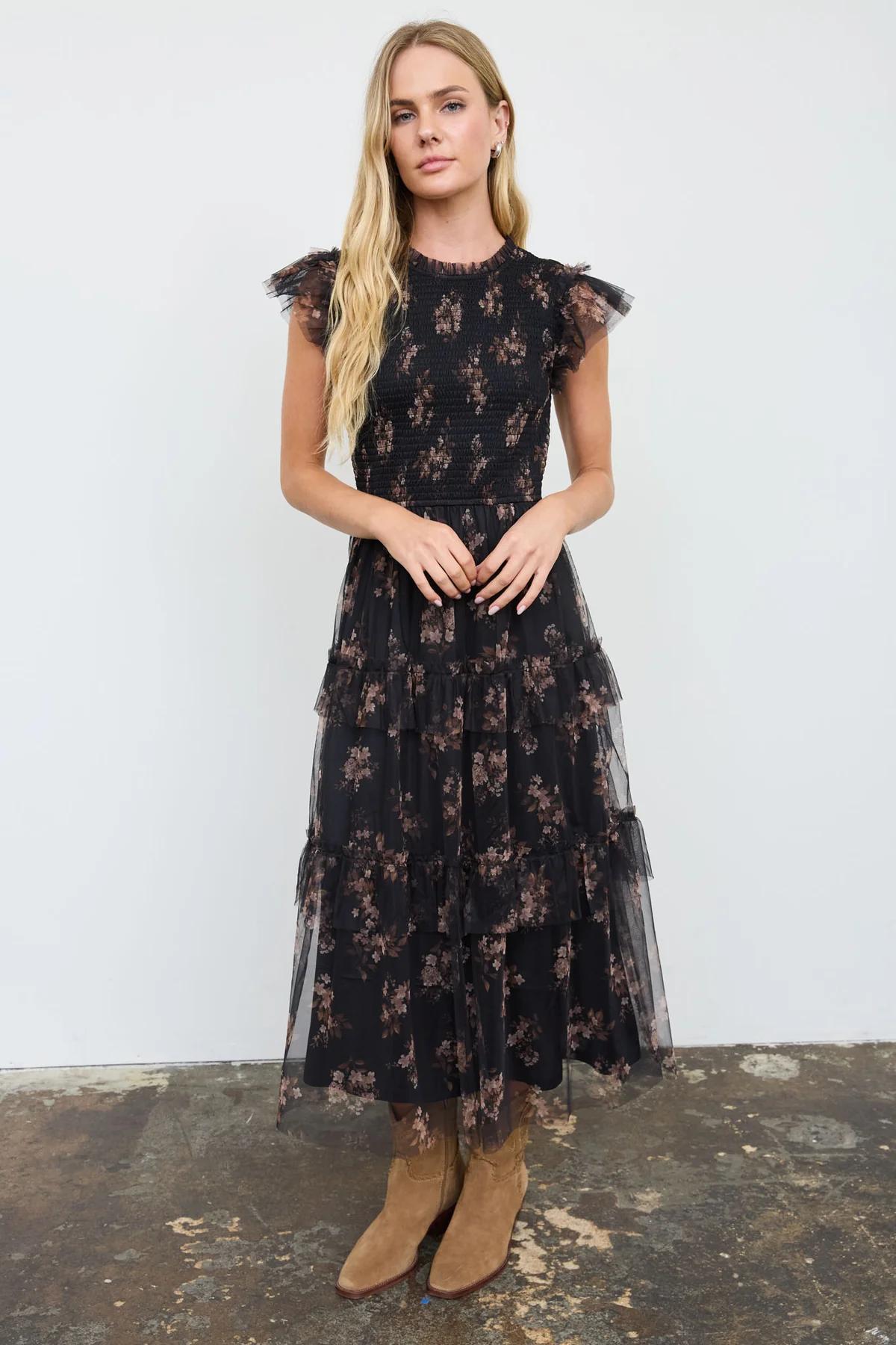 BLACK MULTI SMOCKED RUFFLE TIERED FLORAL MIDI DRESS