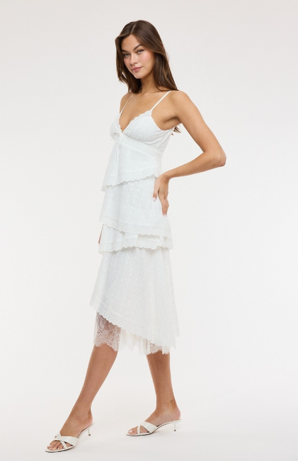 White Eyelet Asymmetric Layered Lace Midi Dress
