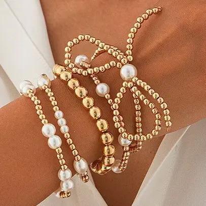 Multi-Layer Ball Chain Bead Pearl Bow Bracelet