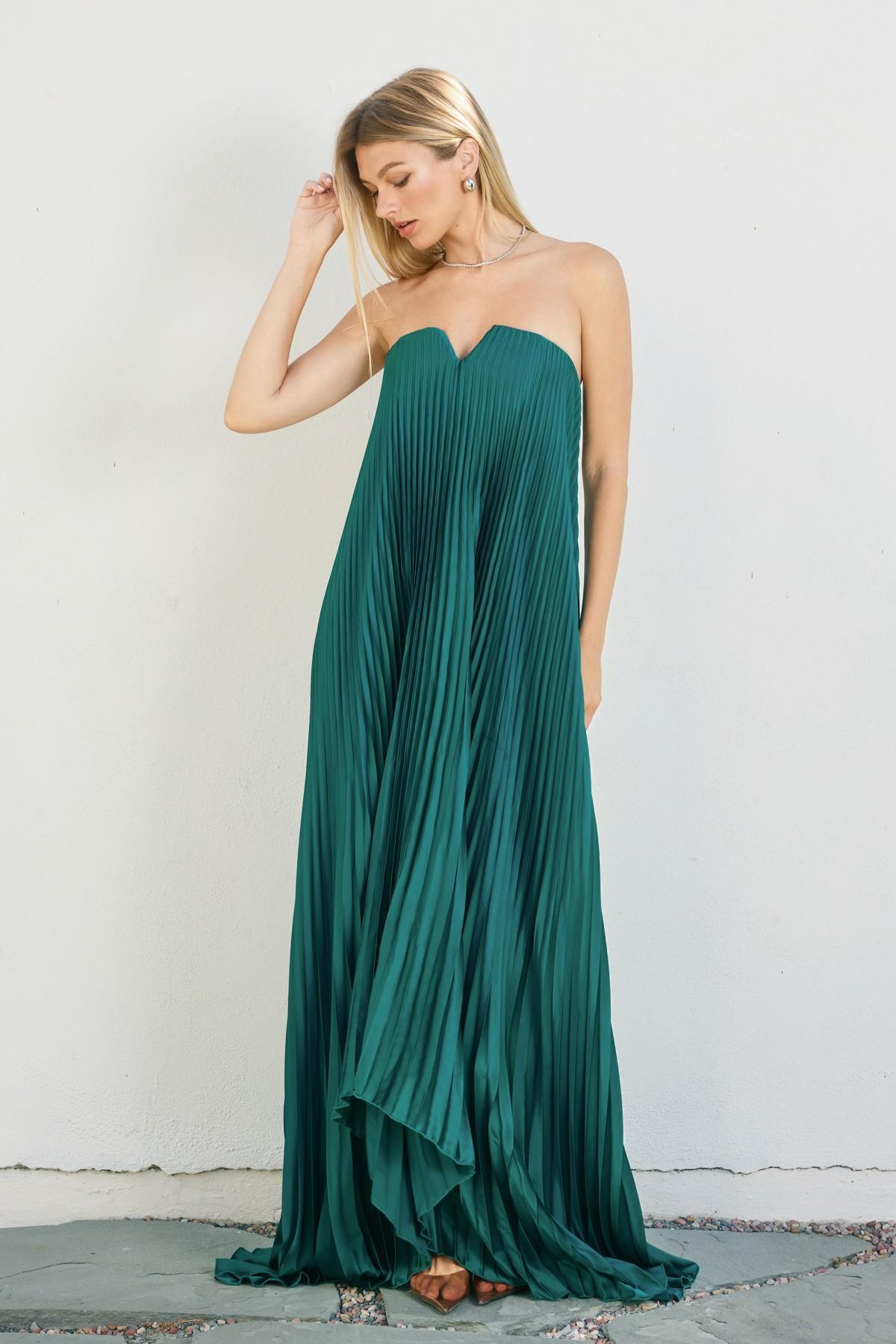 Satin Strapless Pleated Maxi Column Dress