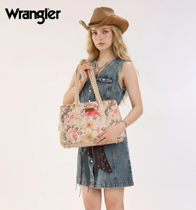 Wrangler Floral Print Braided Satchel Bag - Tan