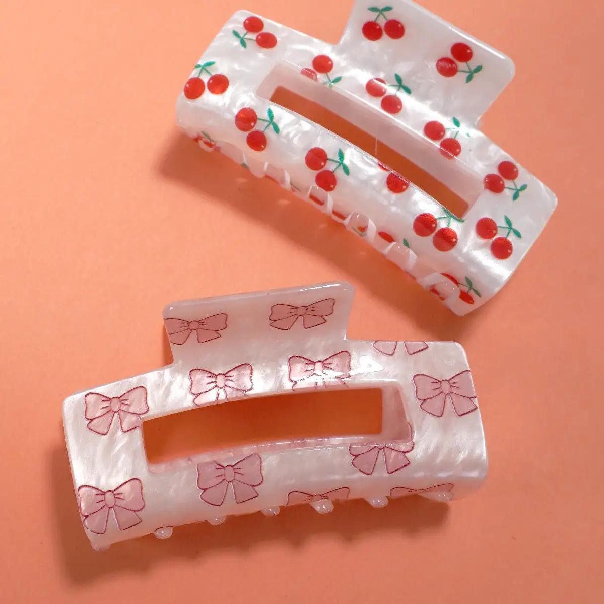 Jumbo Cherry Bow Rectangle Hair Claw Clips