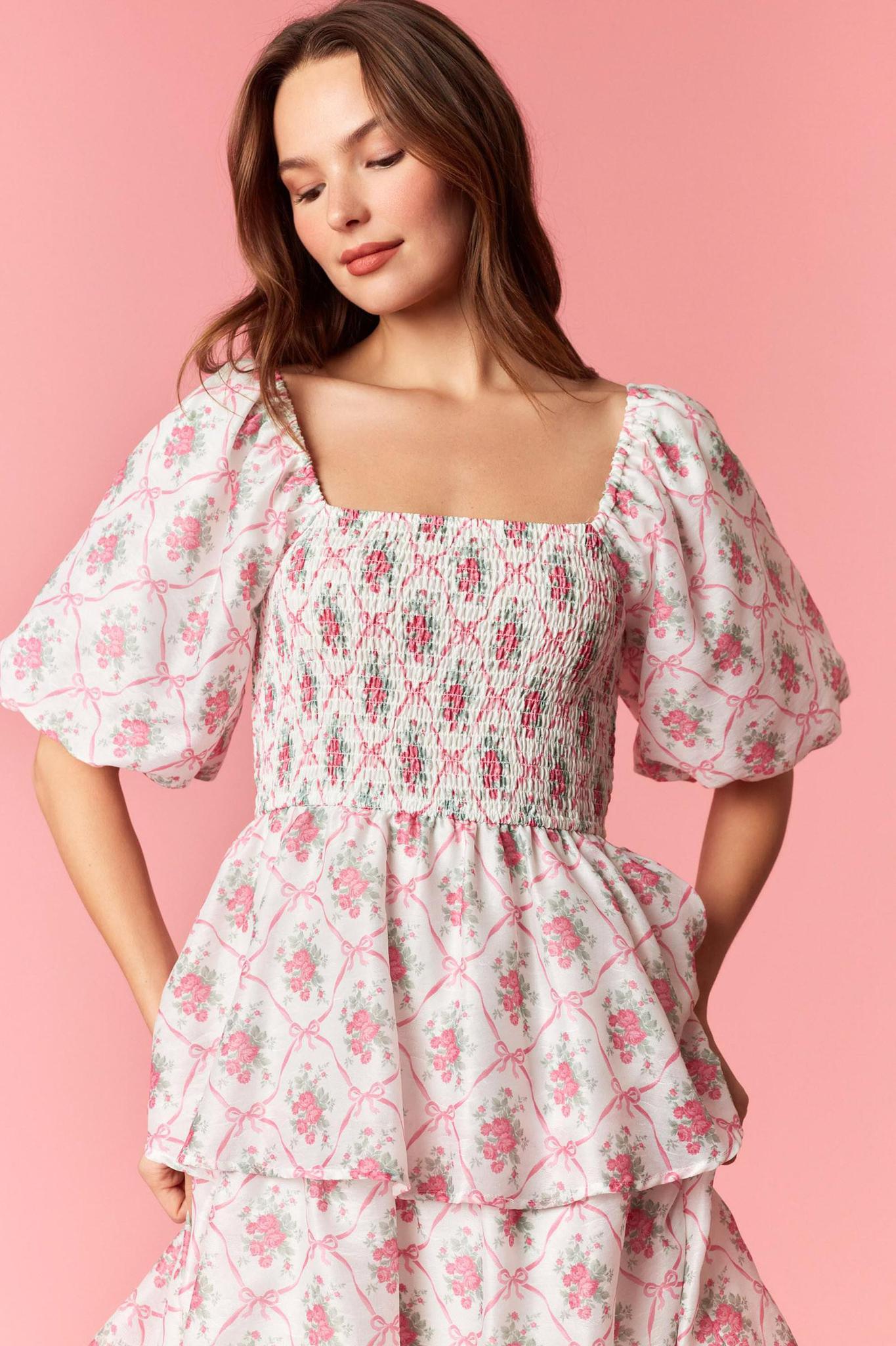 Floral Print Bubble Sleeve Tiered Midi Dress