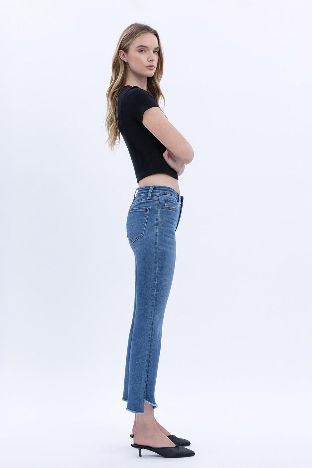 Mid Rise Raw Step Hem Crop Flare Jeans