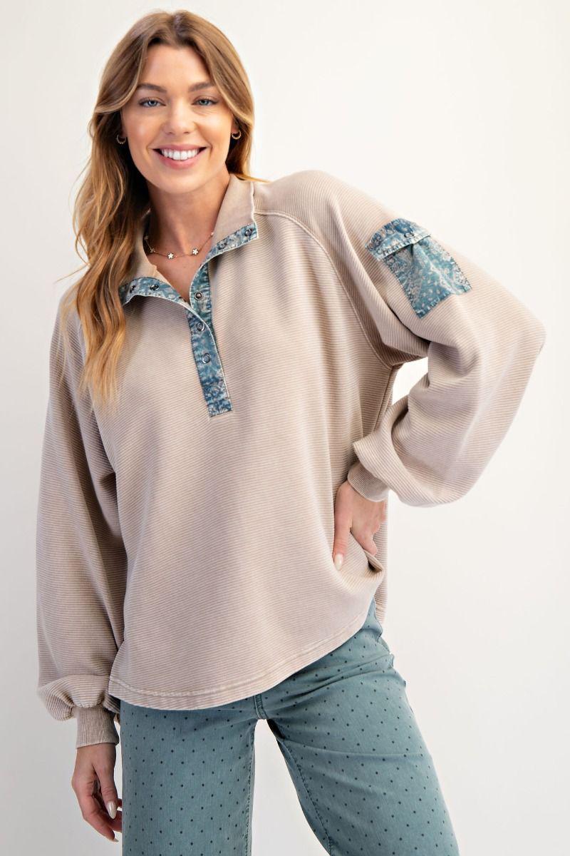 Blue Khaki Washed Rib Pullover