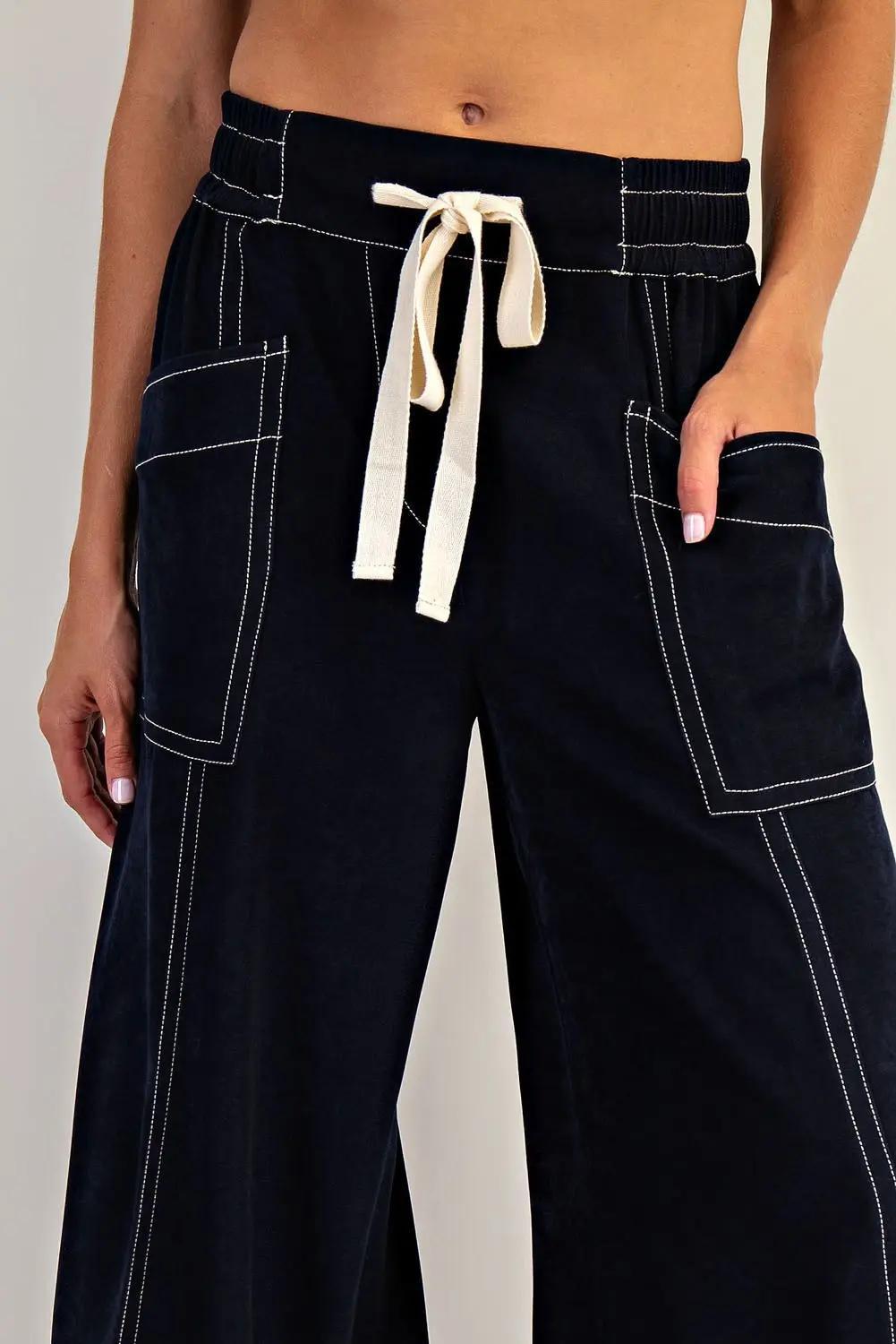 Soft Washed Contrast Stitch Wide Leg Pants