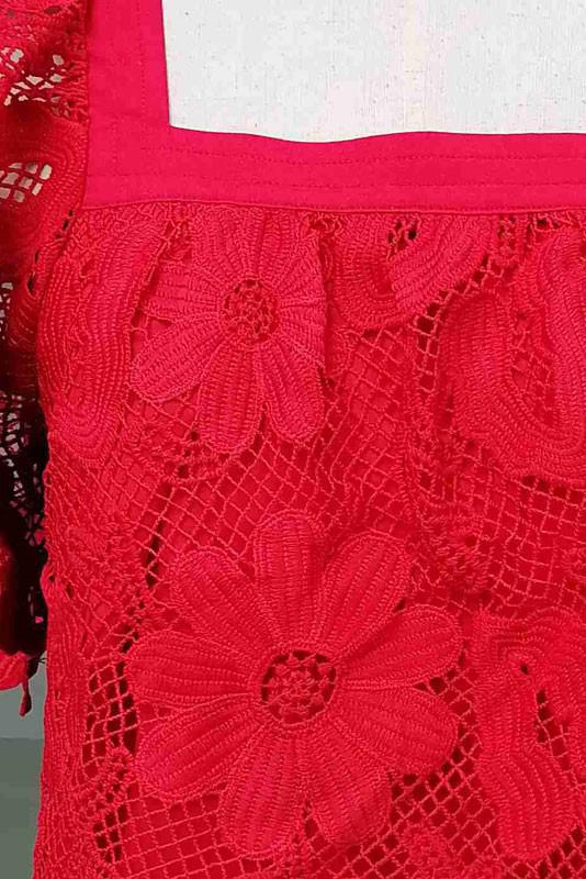 Red Floral Lace Squared Neck Top