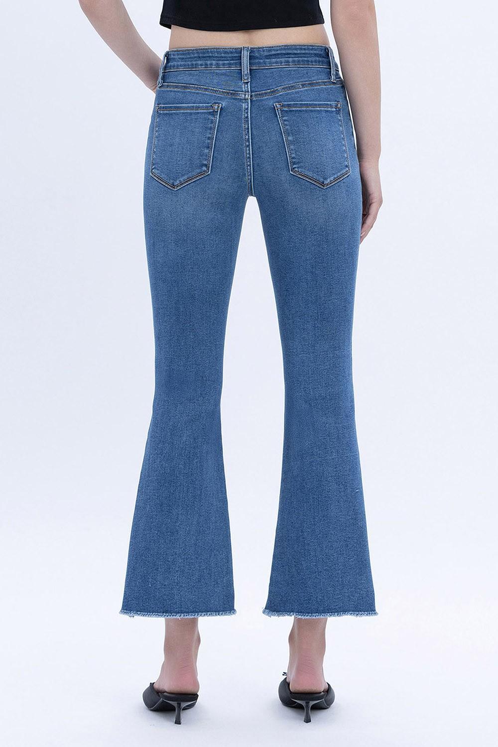 Mid Rise Raw Step Hem Crop Flare Jeans