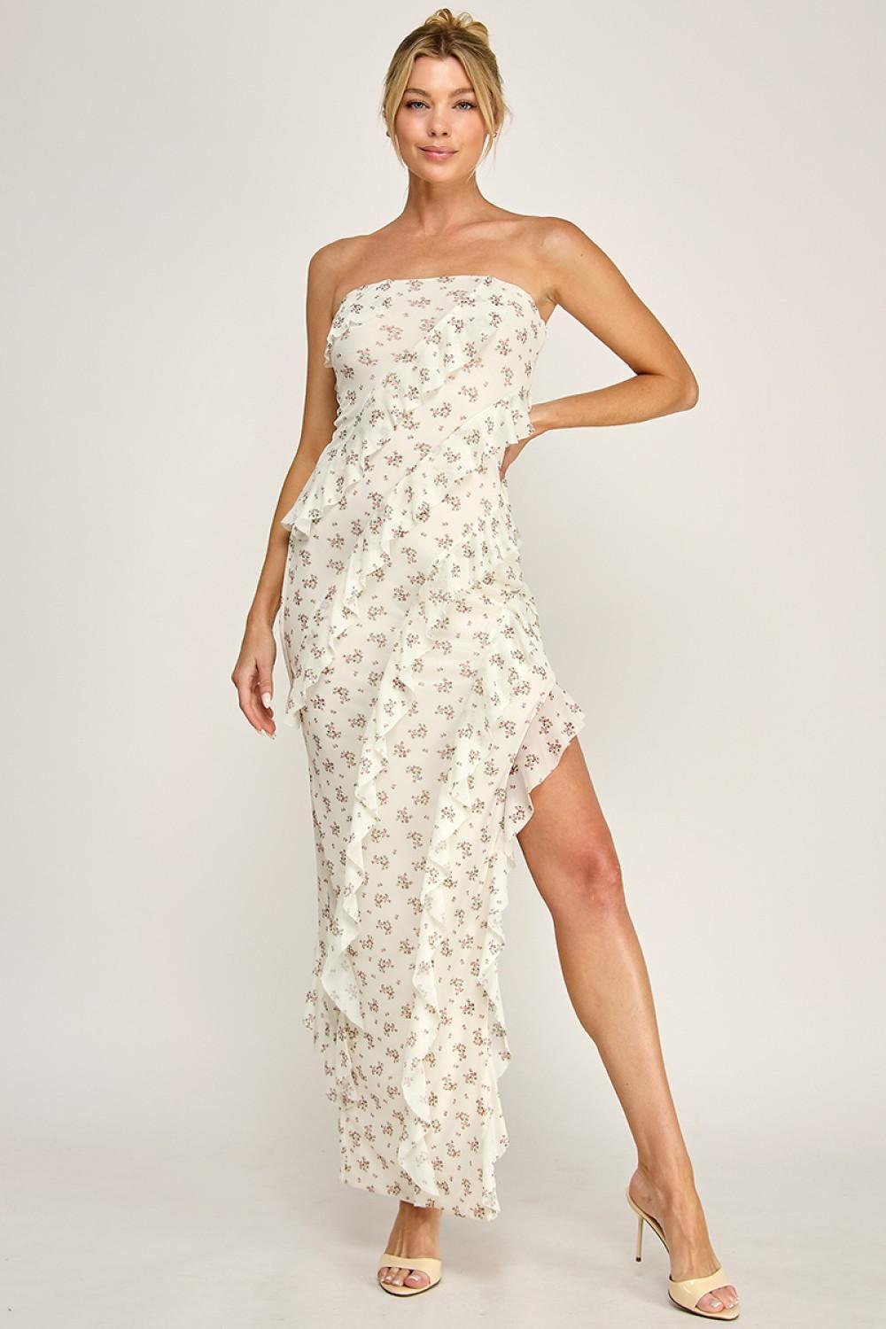 IVORY PRINT MESH RUFFLE TUBE MAXI DRESS