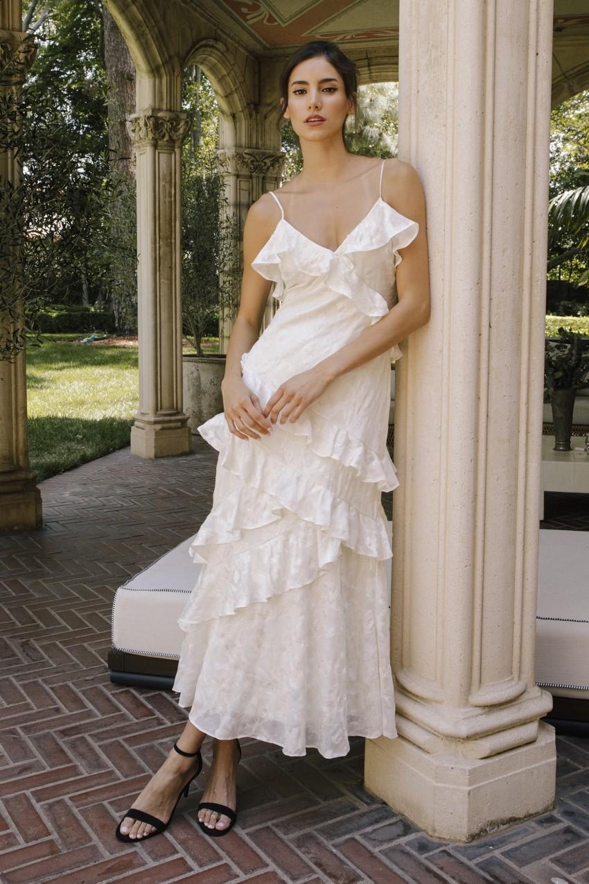 White Beads Embossed Print Ruffled Slip Dress