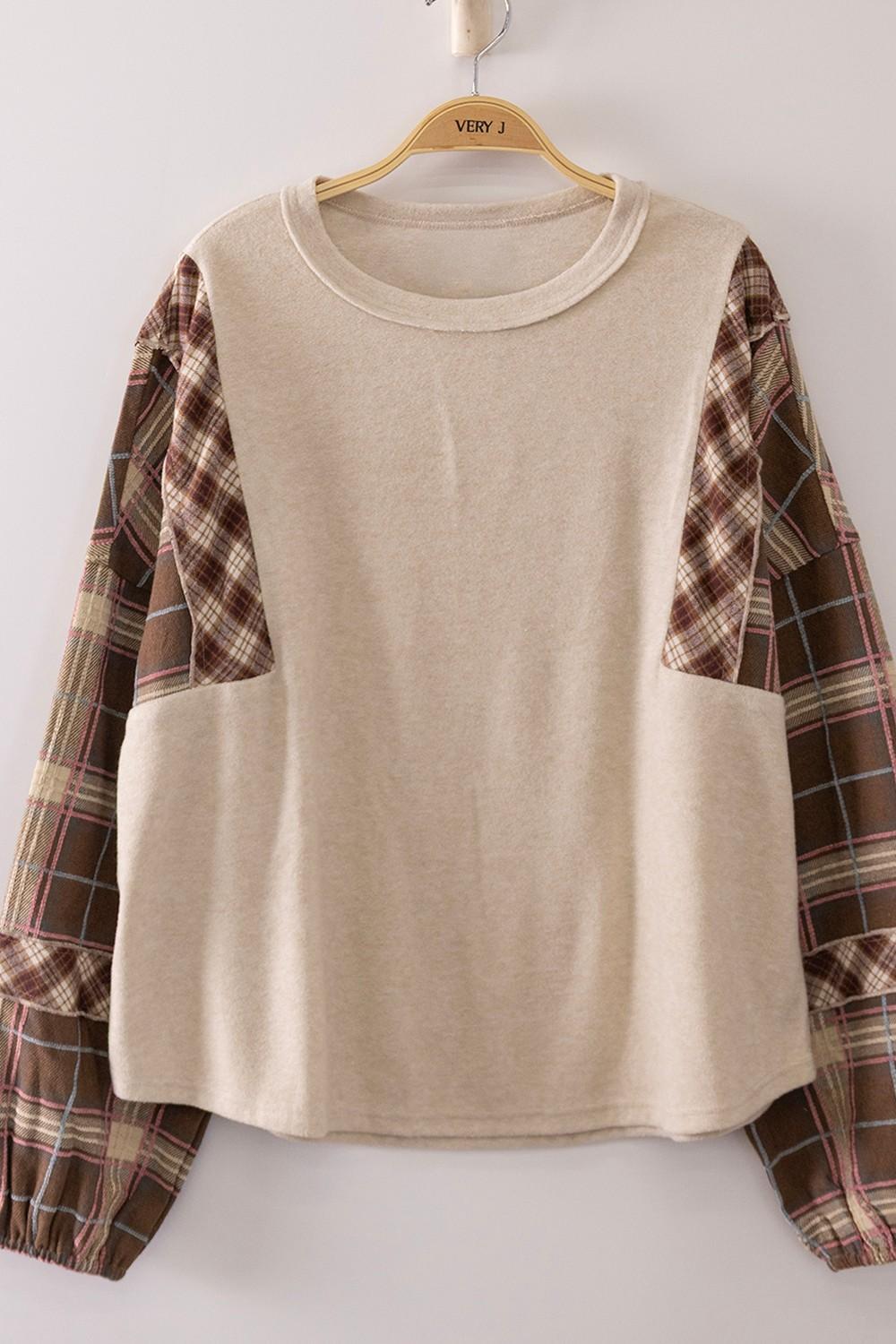 Oatmeal Contrast Plaid Sleeve Top