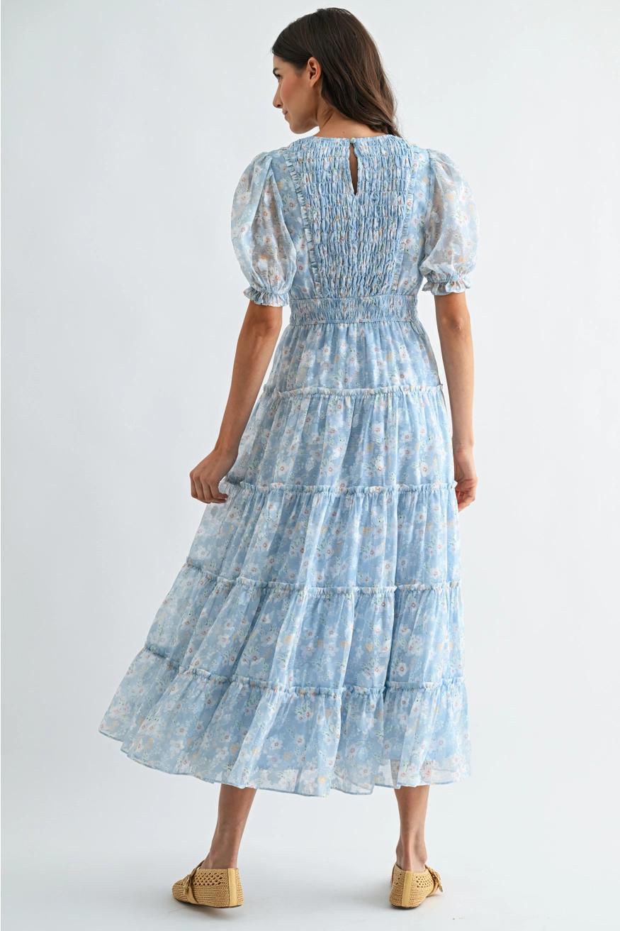 Blue Floral Maxi Dress with Puff Sleeves