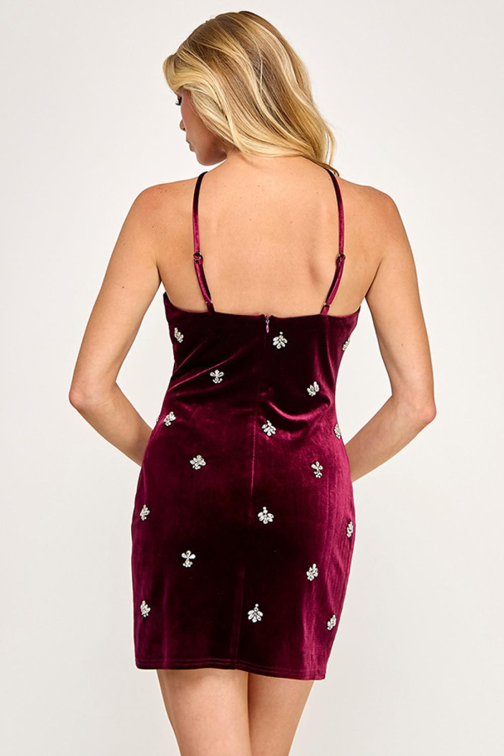 VELVET HALTER NECKLINE RHINESTONE MINI DRESS