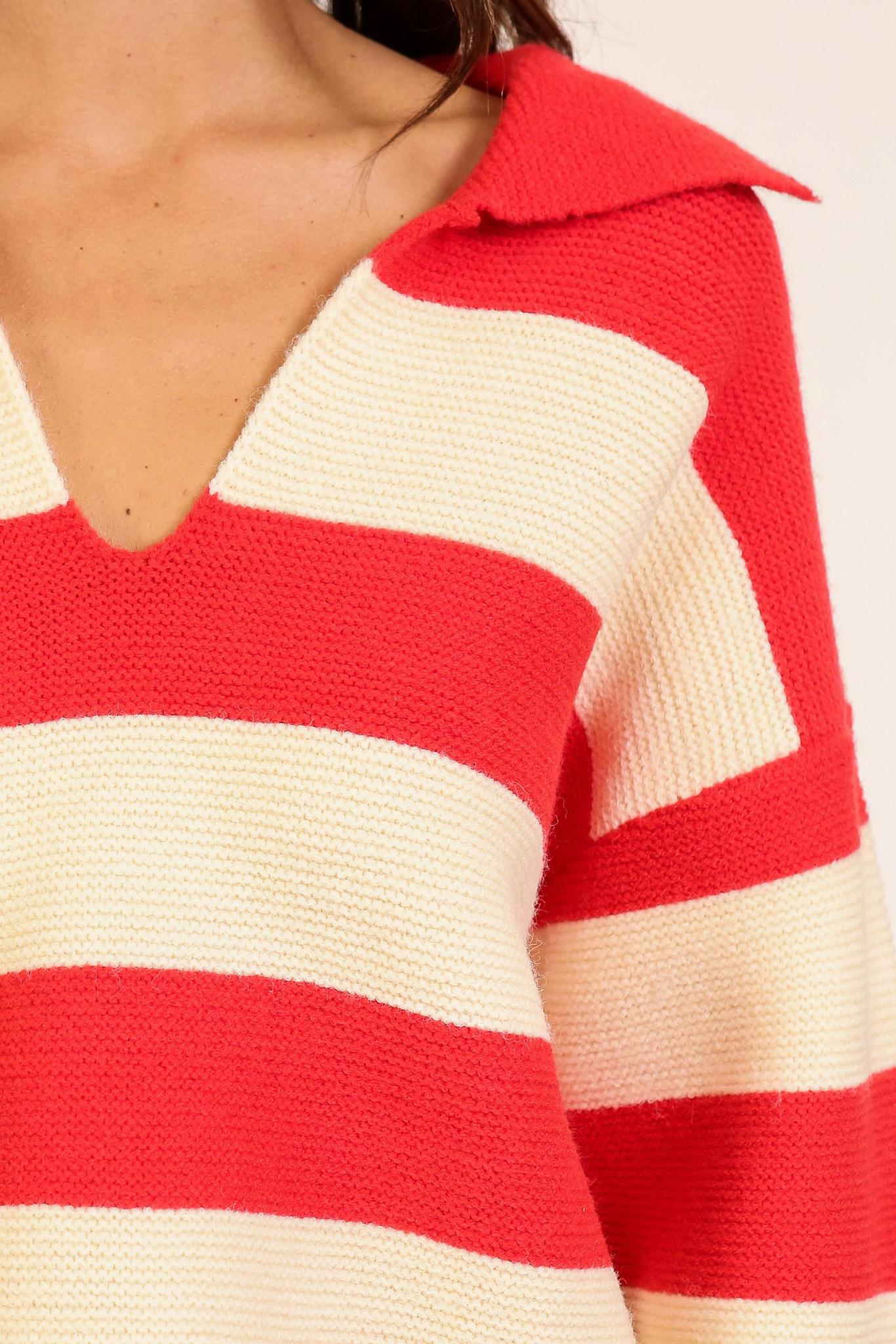 Red Striped V-neck Sweater with Collar