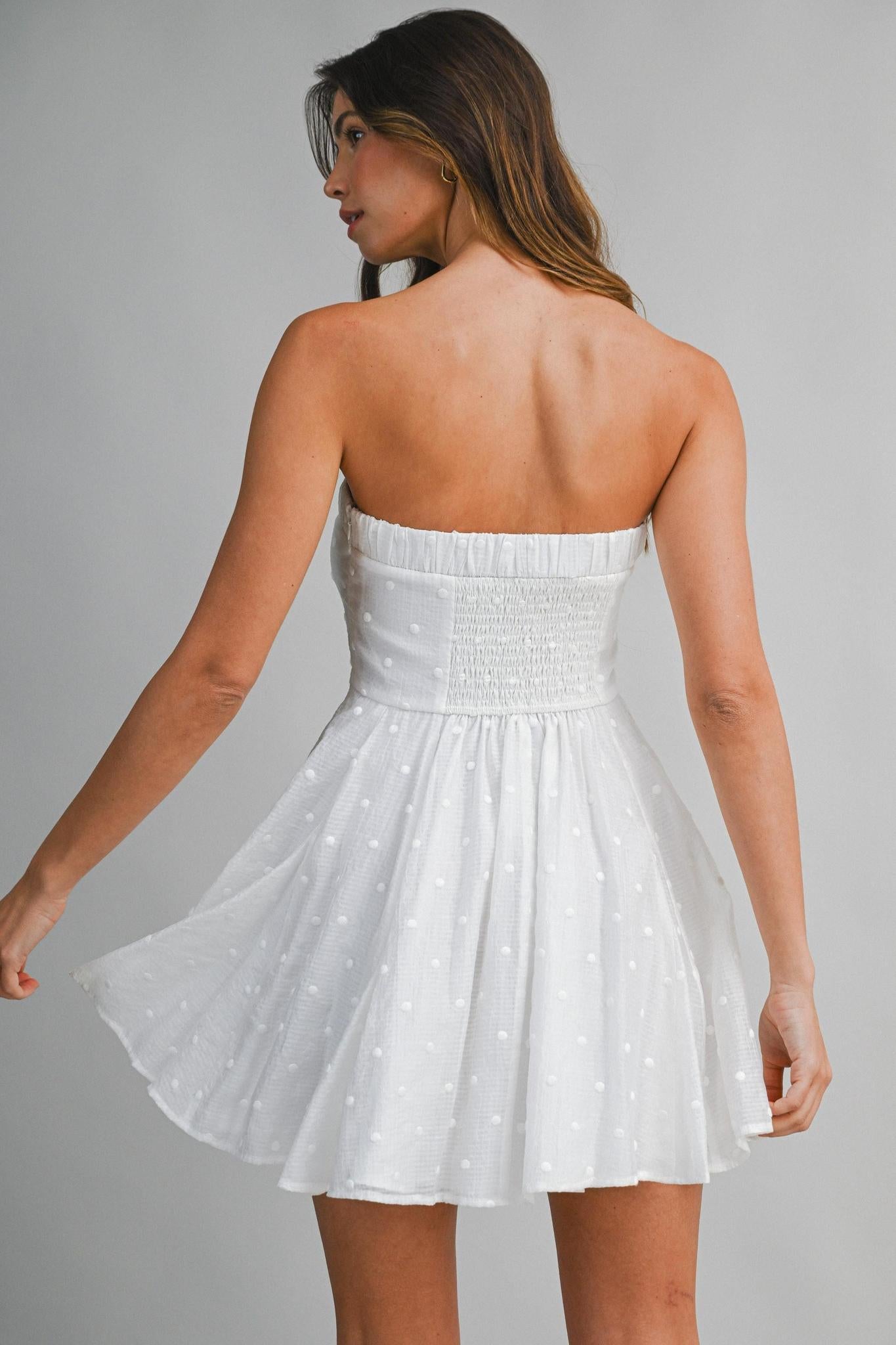 Textured Dot Strapless Flared Skirt Mini Dress