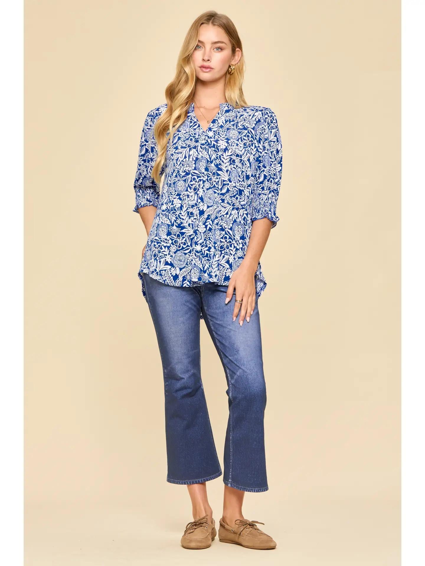 Royal Blue Smocked 3/4 Sleeve Lizzy Top