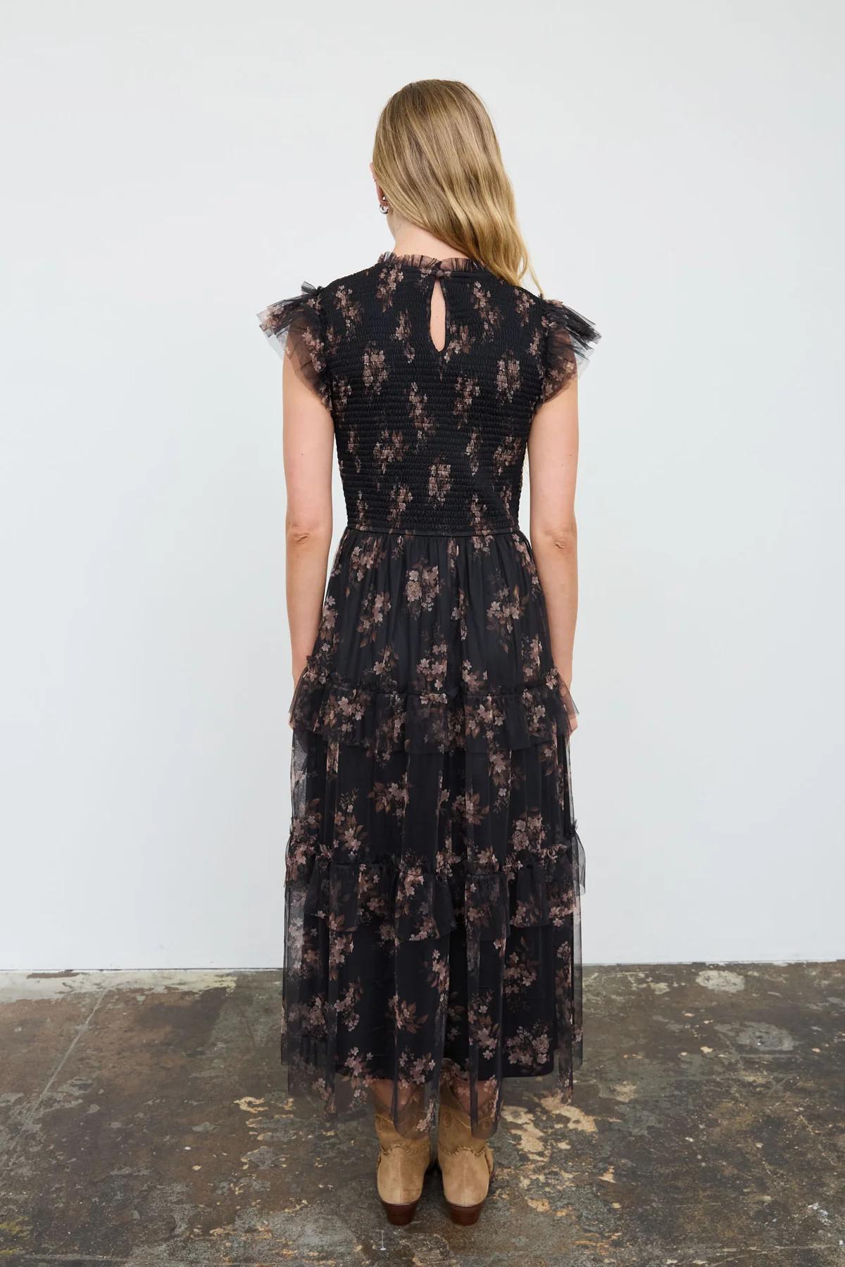BLACK MULTI SMOCKED RUFFLE TIERED FLORAL MIDI DRESS