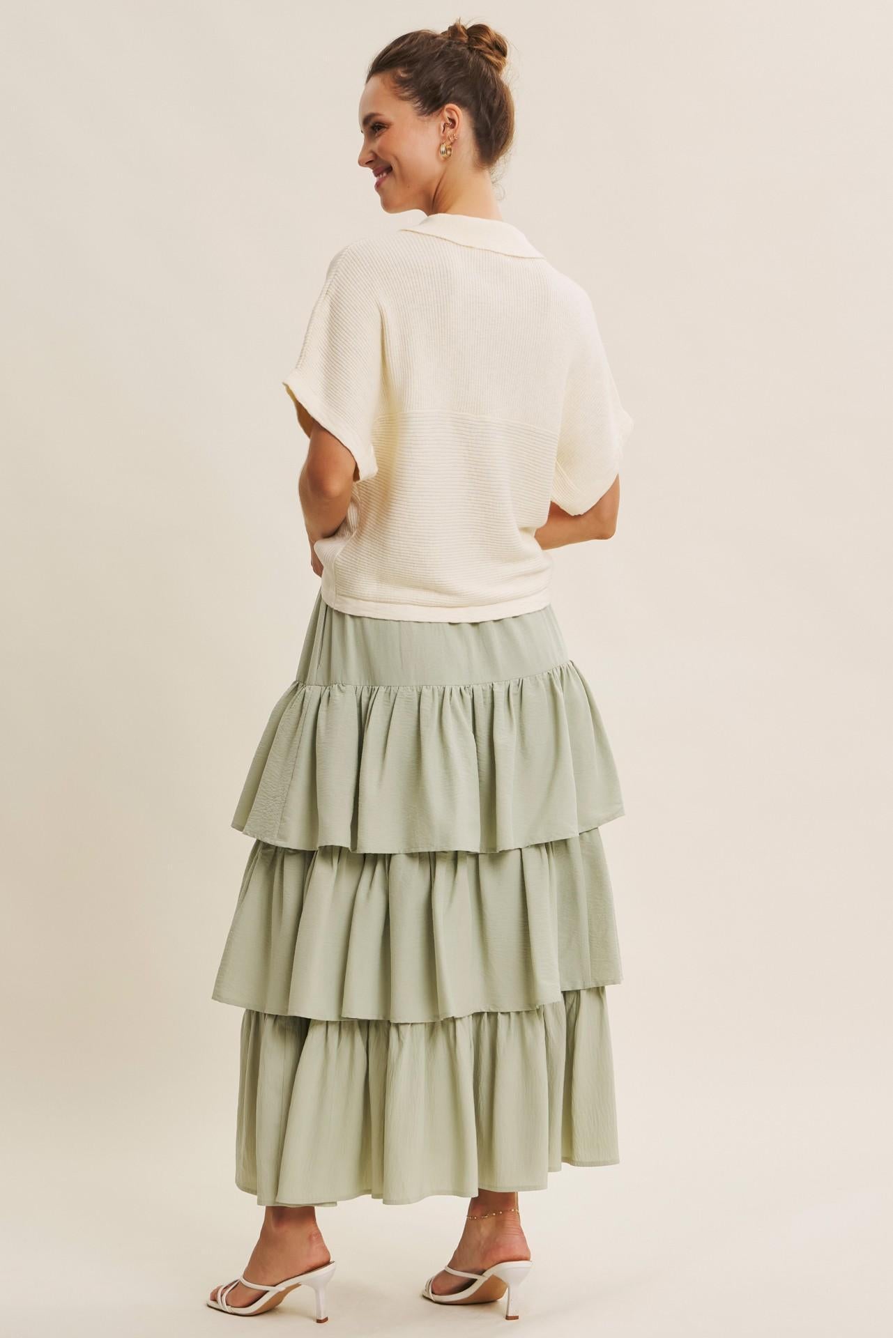 Airy Tiered Ruffle Maxi Skirt With Pockets - Sage