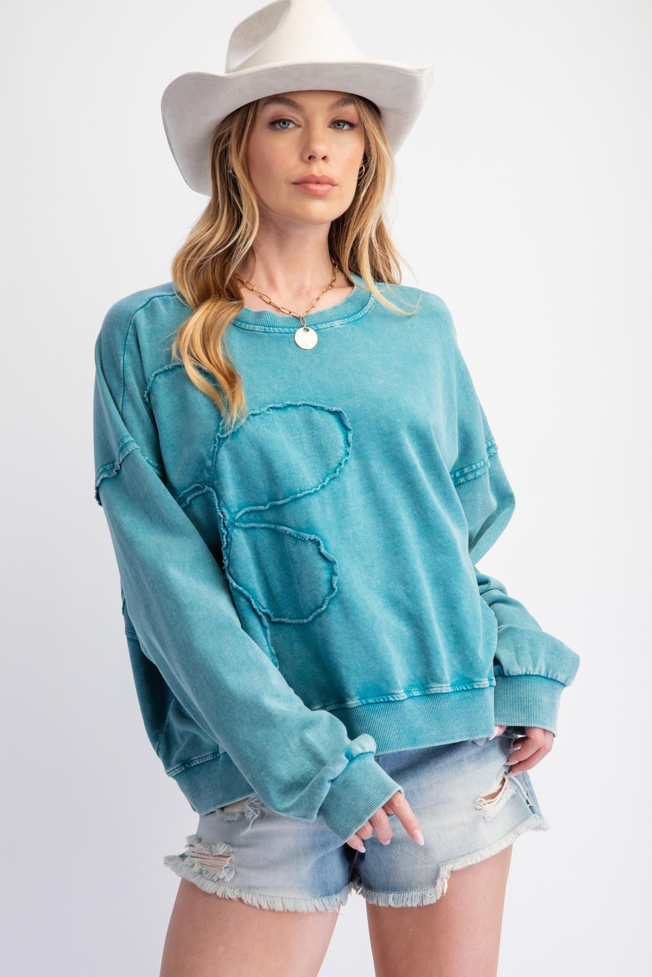 Teal Flower Patch Terry Pullover