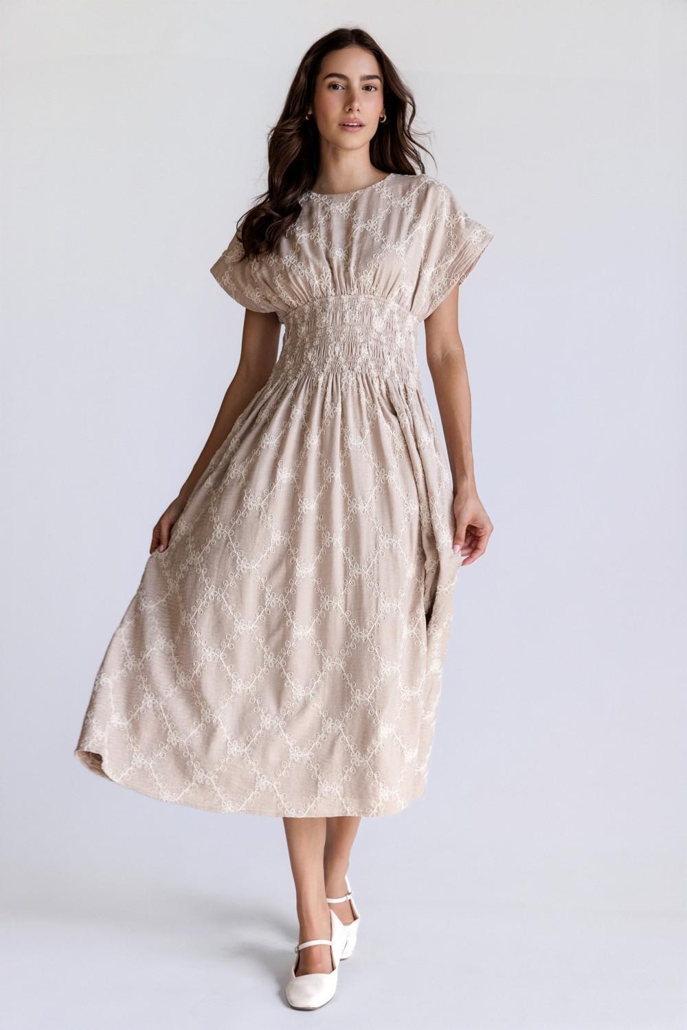 Beige/Ivory Embroidered Smocked Midi Dress