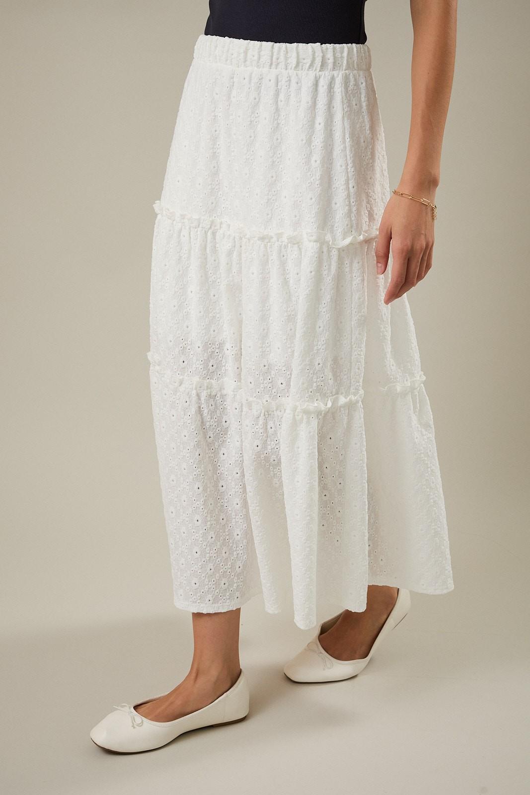 White Elastic Tiered Ruffle Maxi Skirt