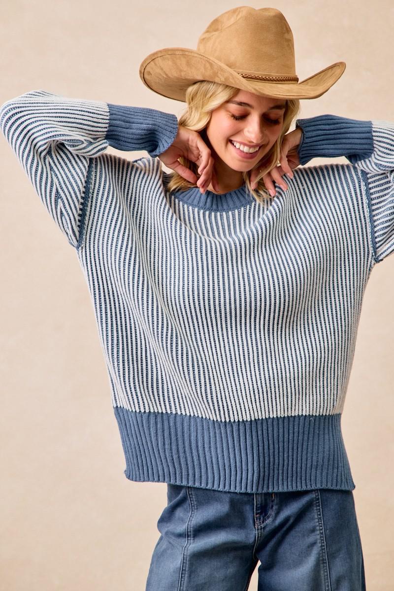 Dusty Blue Two-Tone Rib Knit Sweater