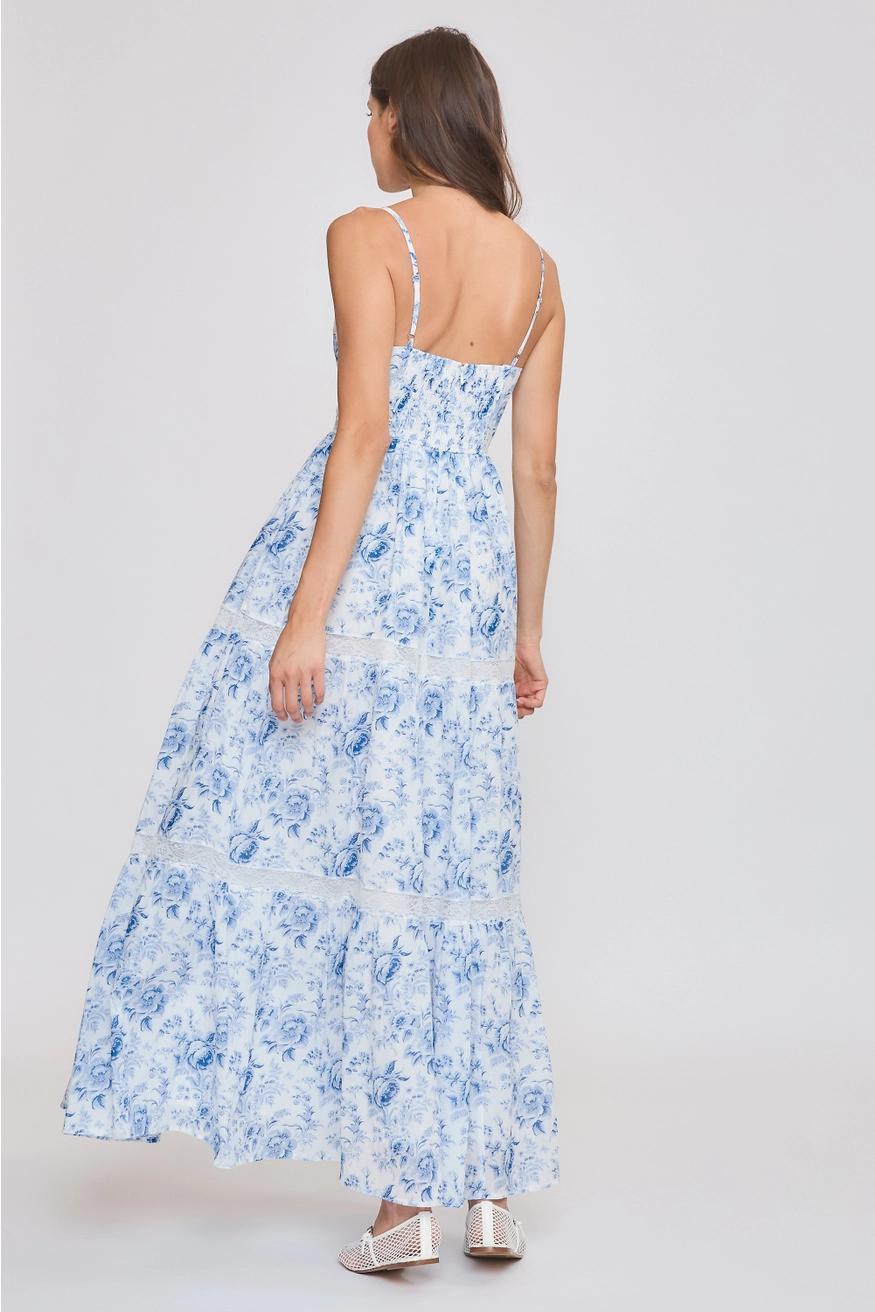 Blue Floral Midi Dress with Lace Trim