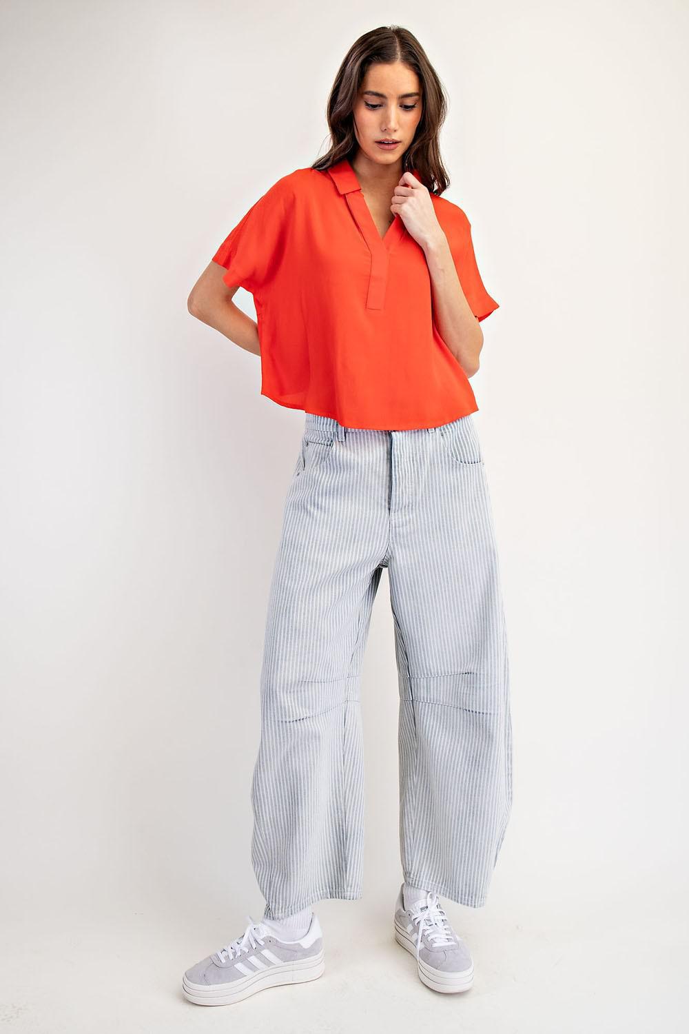 Mineral Washed Pinstriped Barrel Jeans