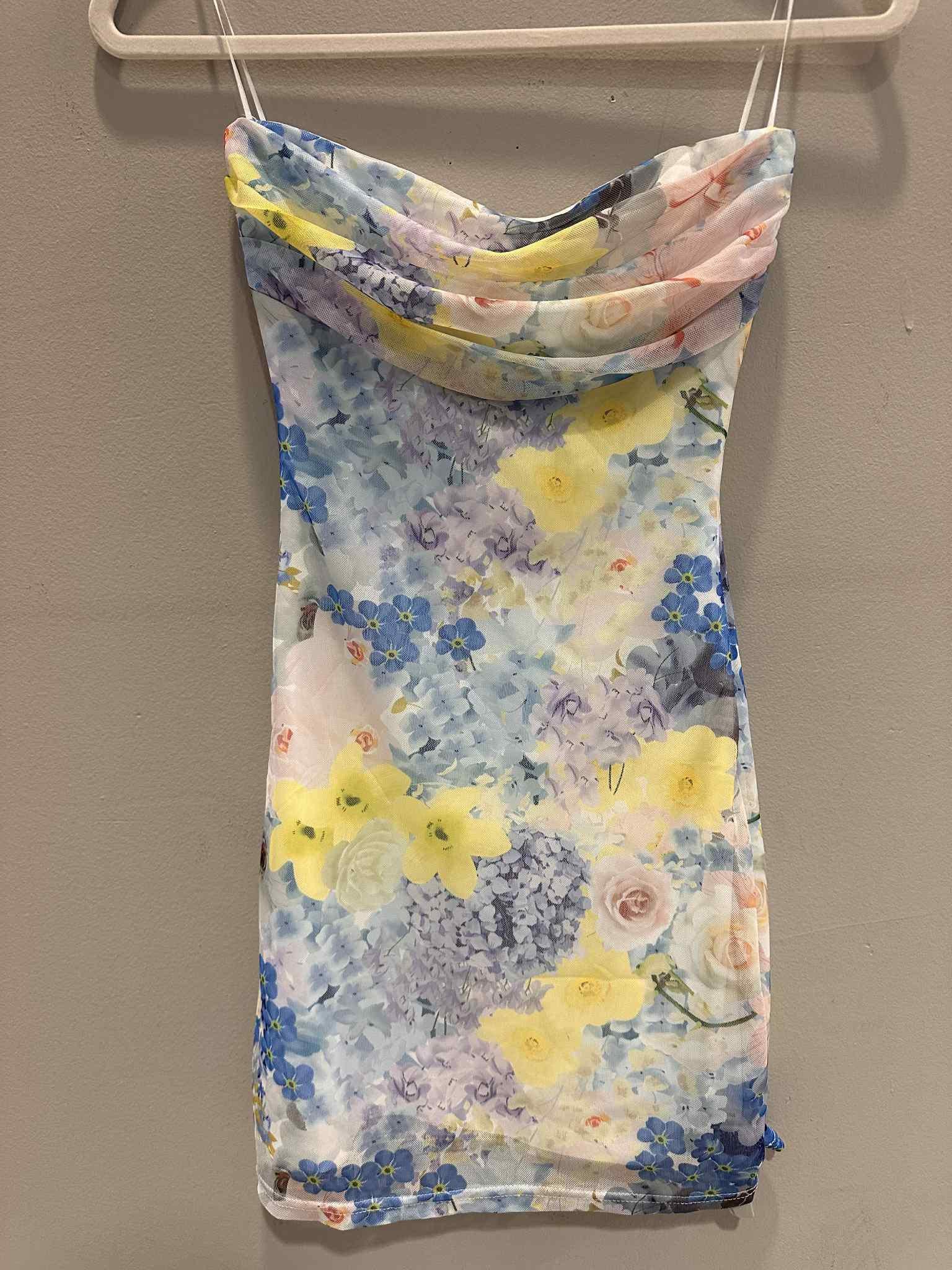 Blue Flower Print Mini Tube Dress