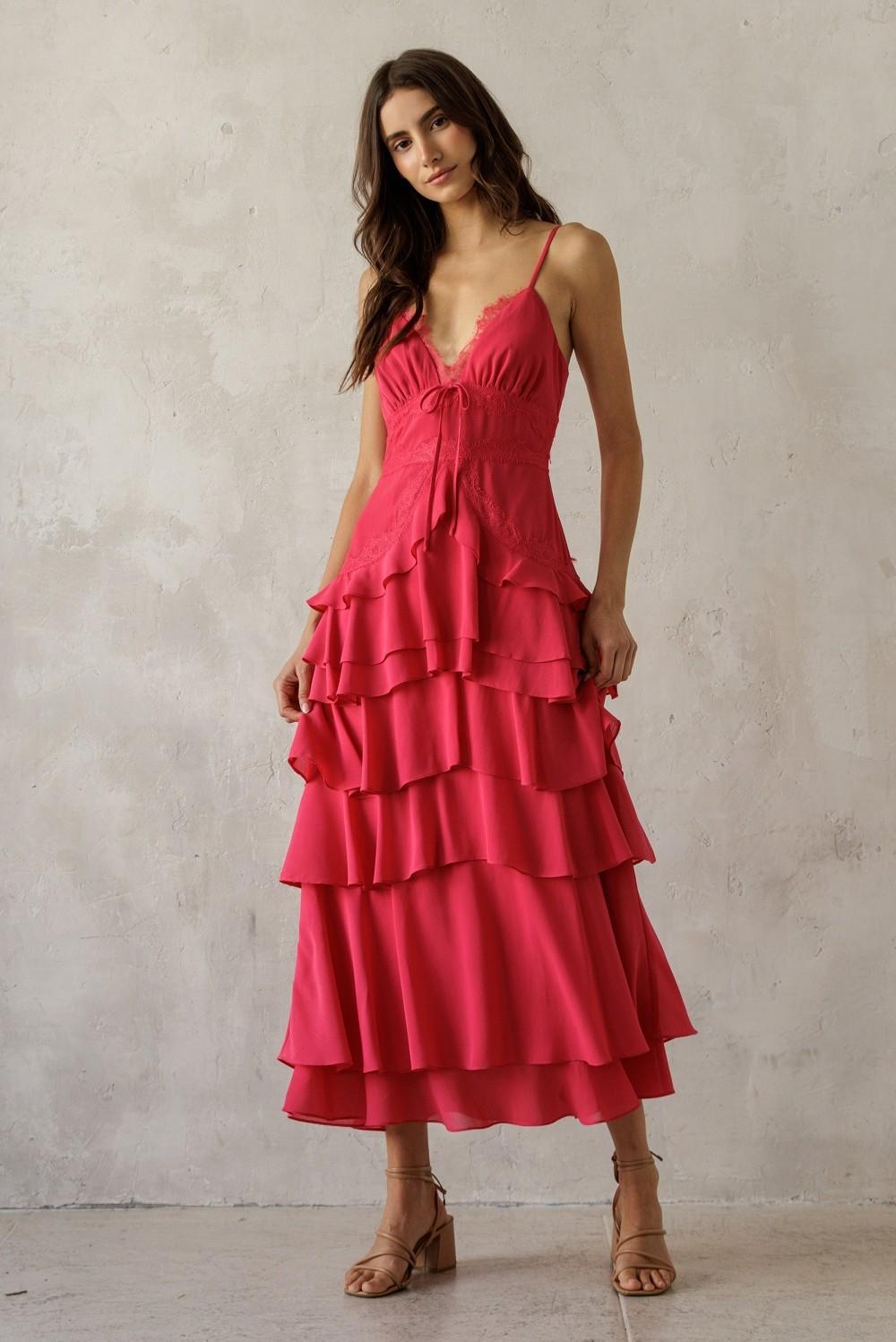 Lace Trim Tiered Midi Dress - Hot Pink