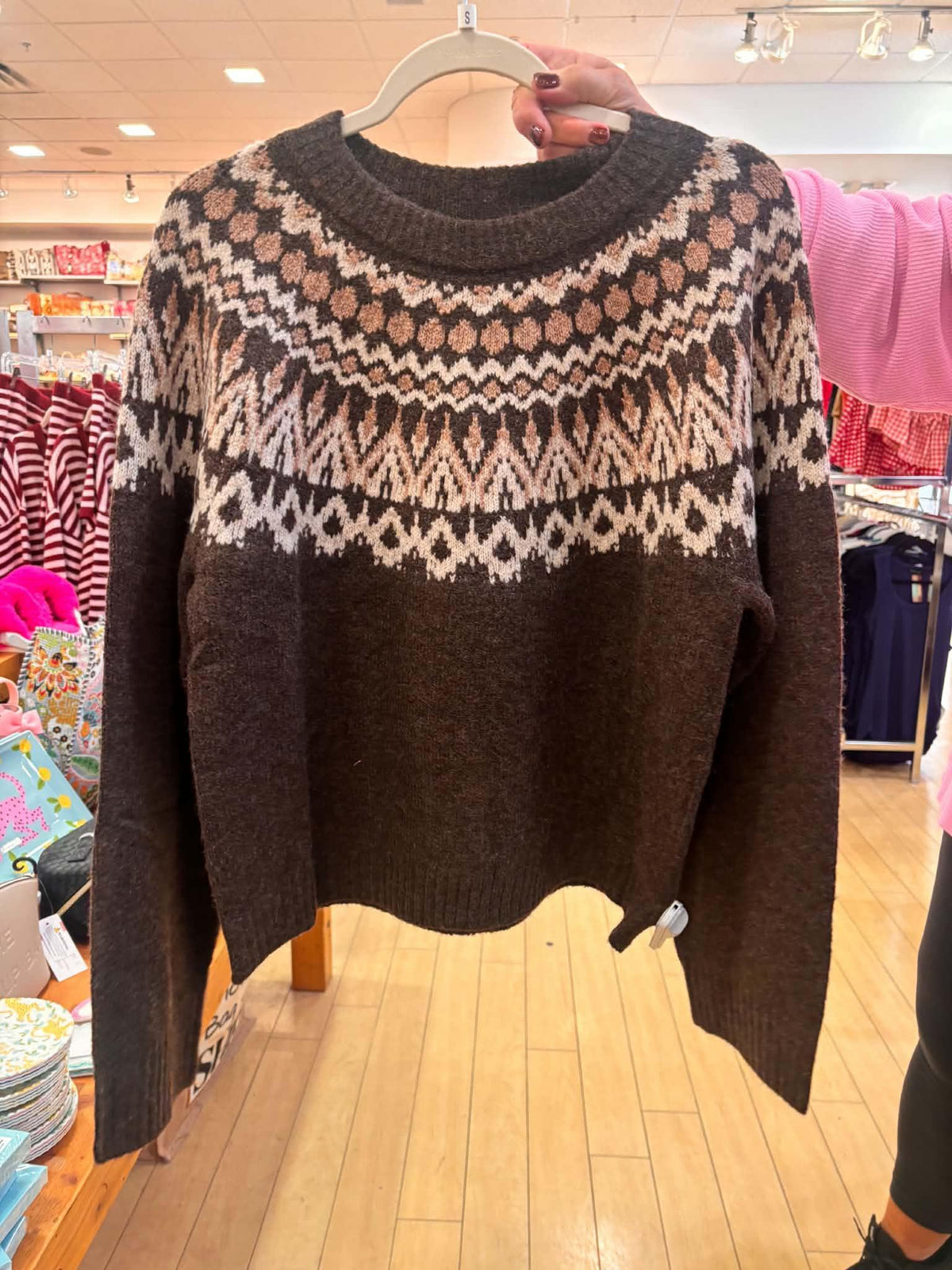 CHOCOLATE BROWN FAIR ISLE LONG SLEEVE KNIT SWEATER
