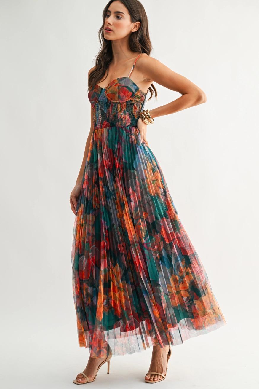 Pleated Floral Tulle Maxi Dress