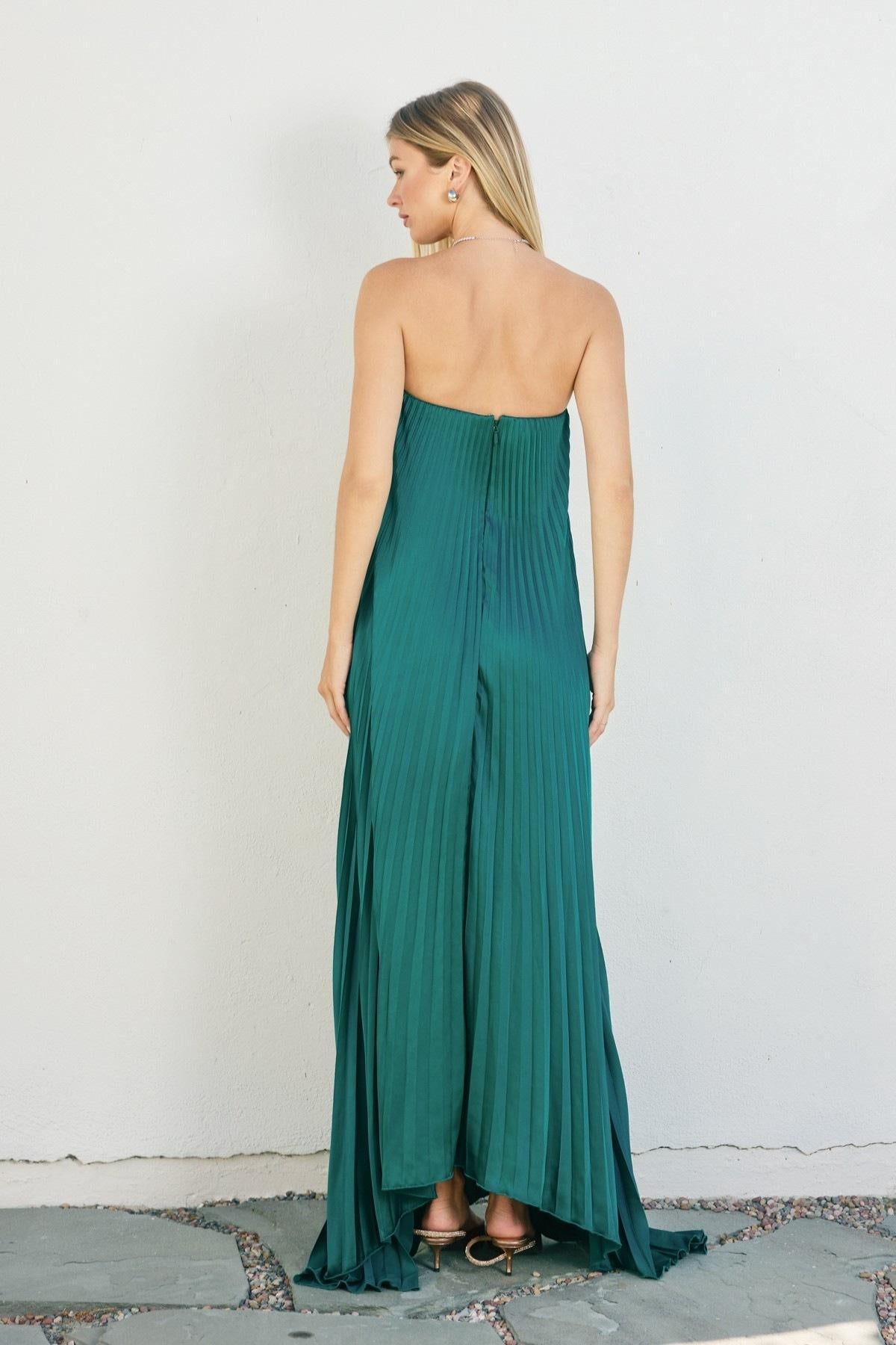 Satin Strapless Pleated Maxi Column Dress
