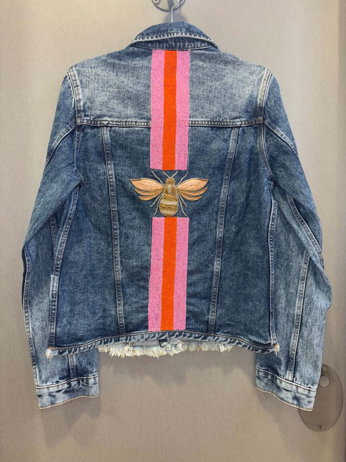 Pink/Orange Stripe Bee Detailed Denim Jacket