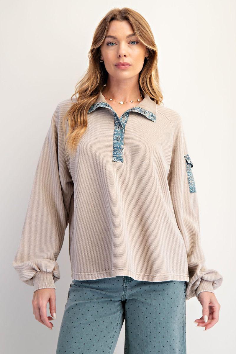 Blue Khaki Washed Rib Pullover