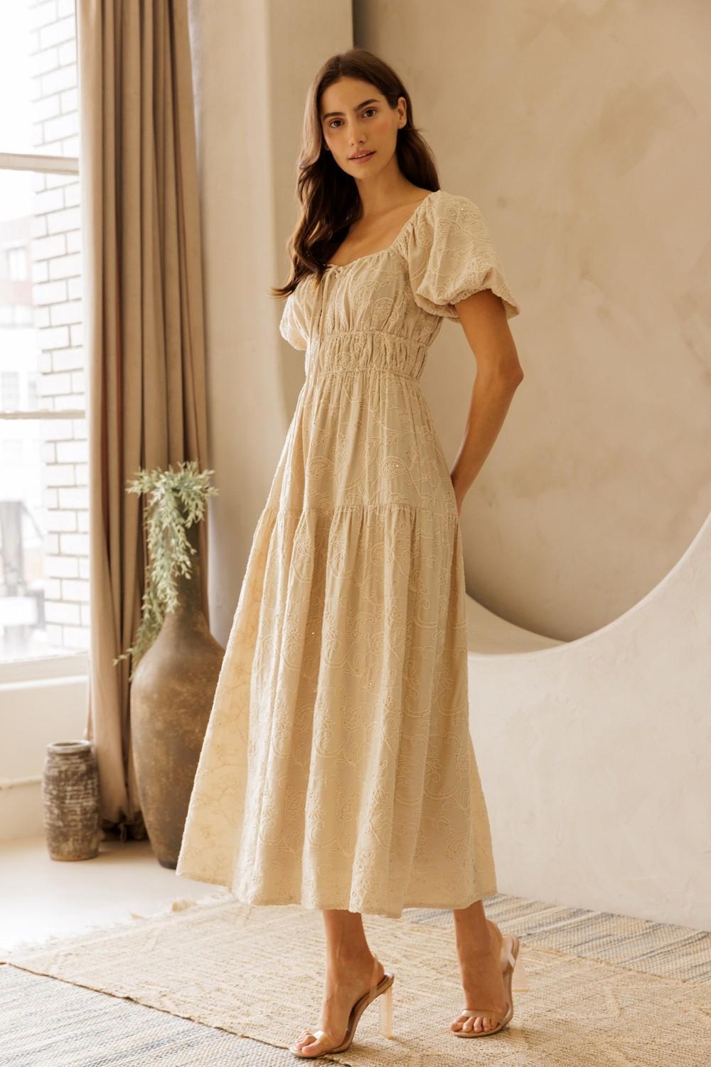 Beige Floral Embroidered Puff Sleeve Midi Dress