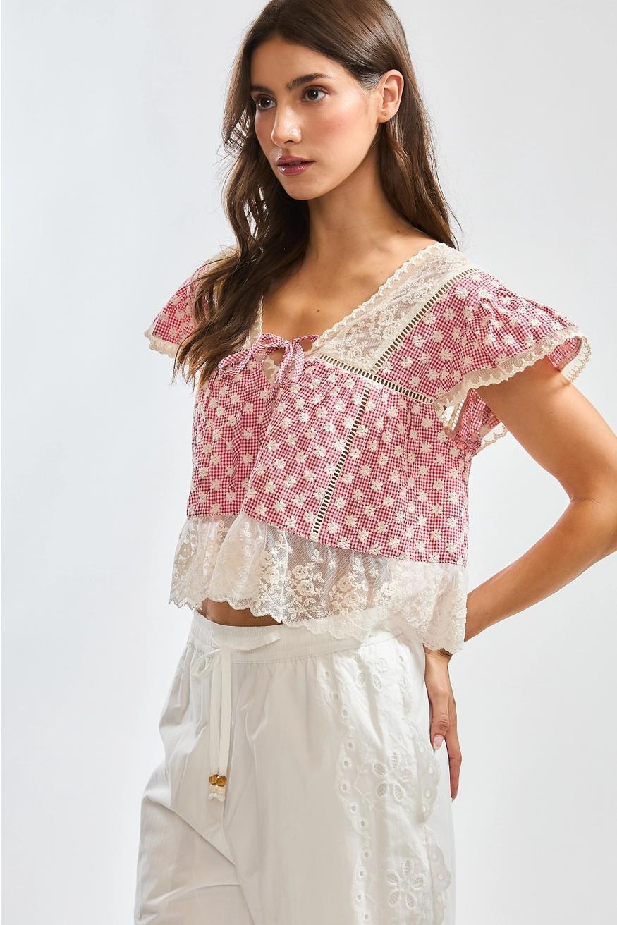 Red Gingham Lace Trim Blouse