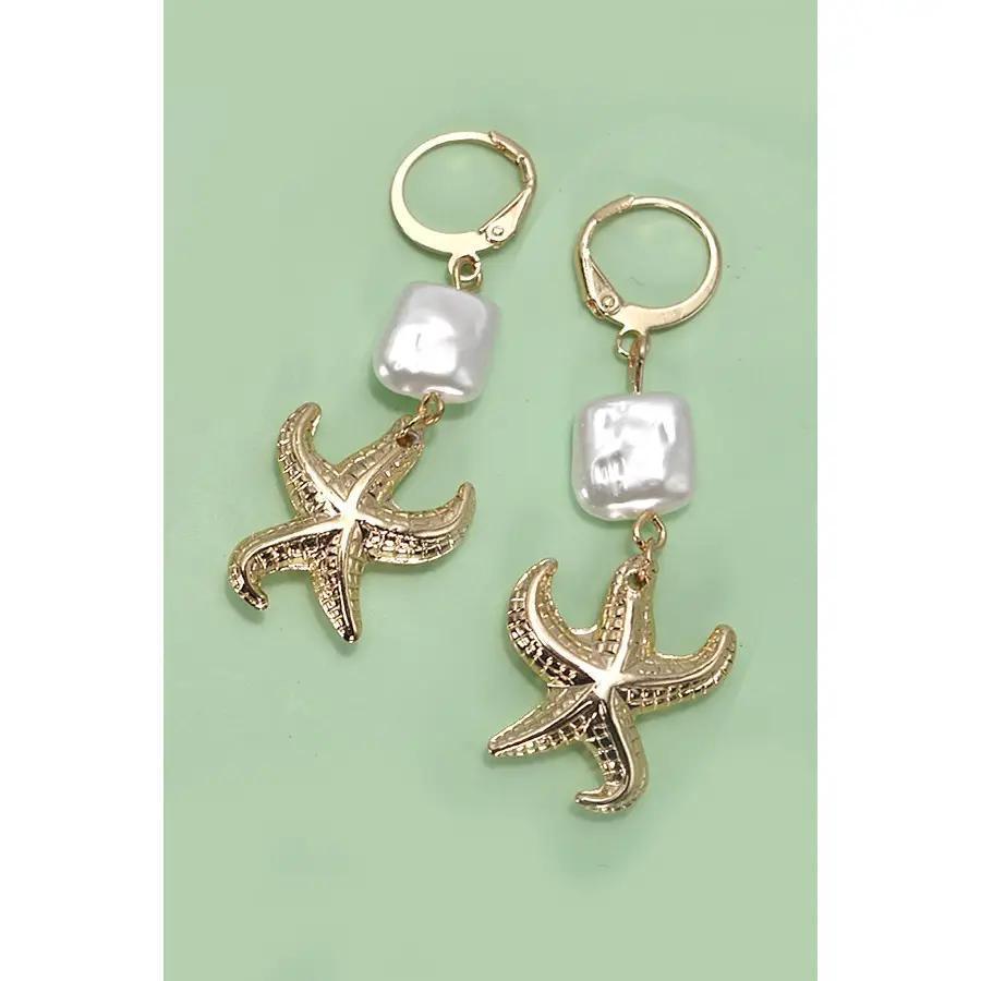 Gold Pearl Starfish Drop Earrings