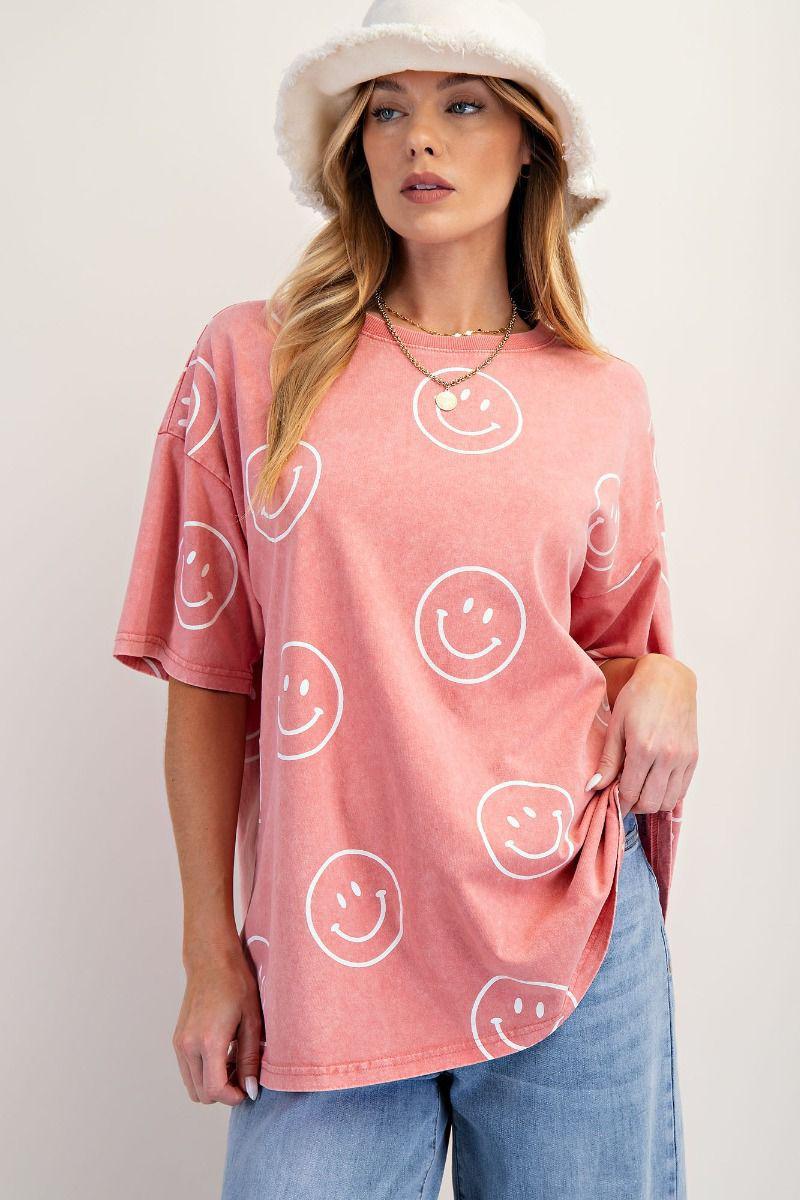 Smiley Face Printed Washed Top