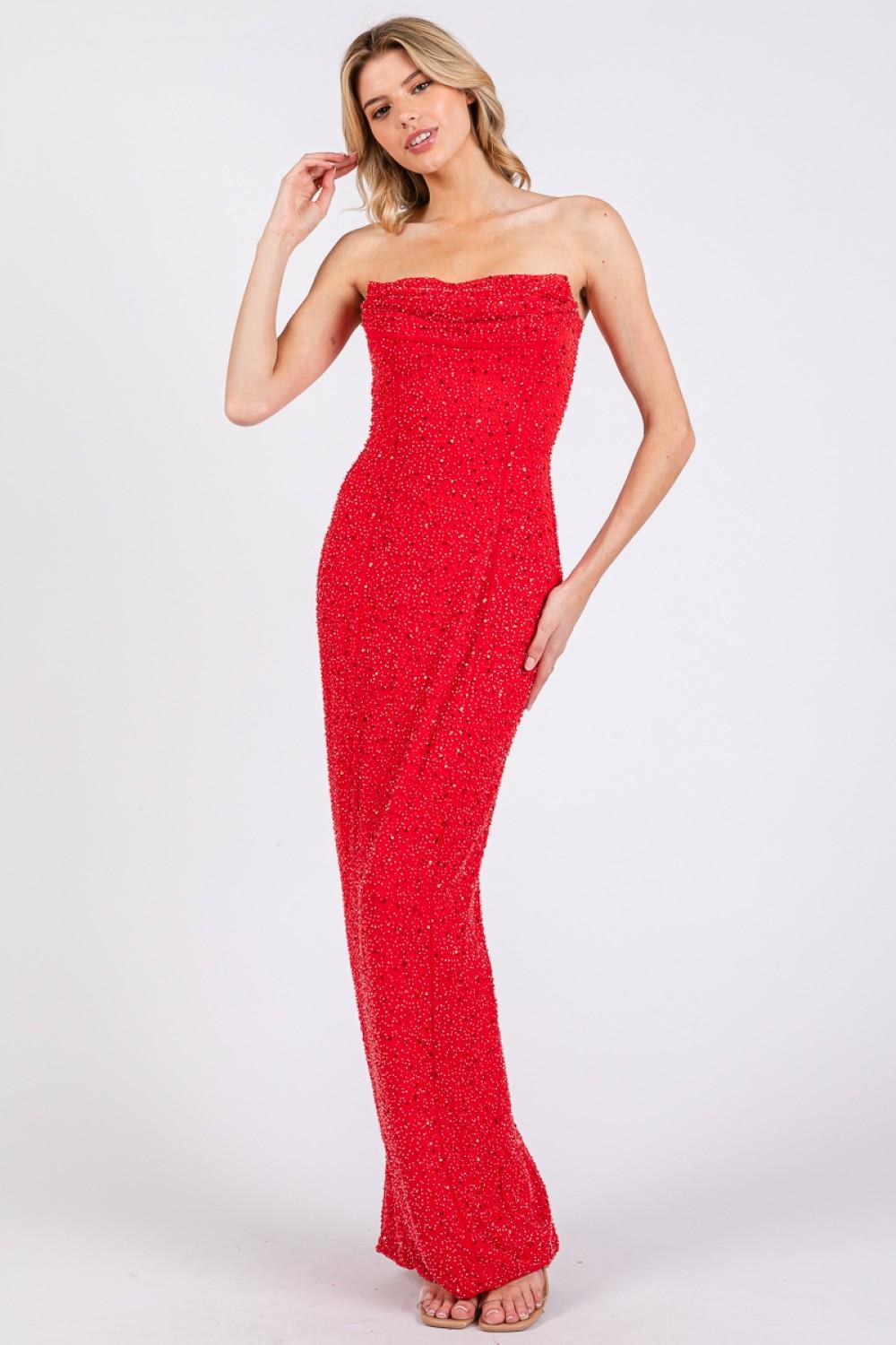Red Mesh Pearl Bandeau Cowl Maxi Dress