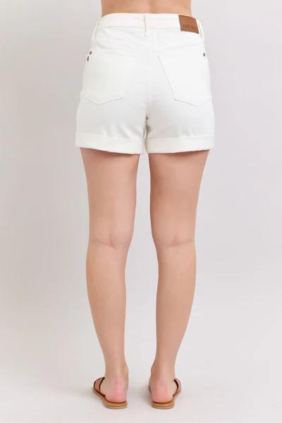 Judy Blue HW Double Rolled Cuff White Shorts