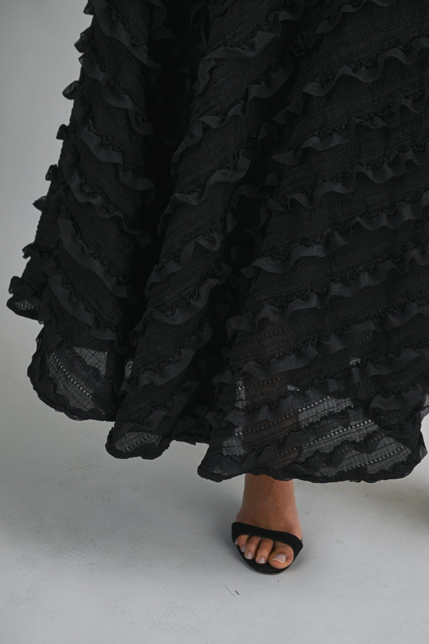 Black Adjustable Spaghetti Strap Chevron Ruffle Detail Midi Dress