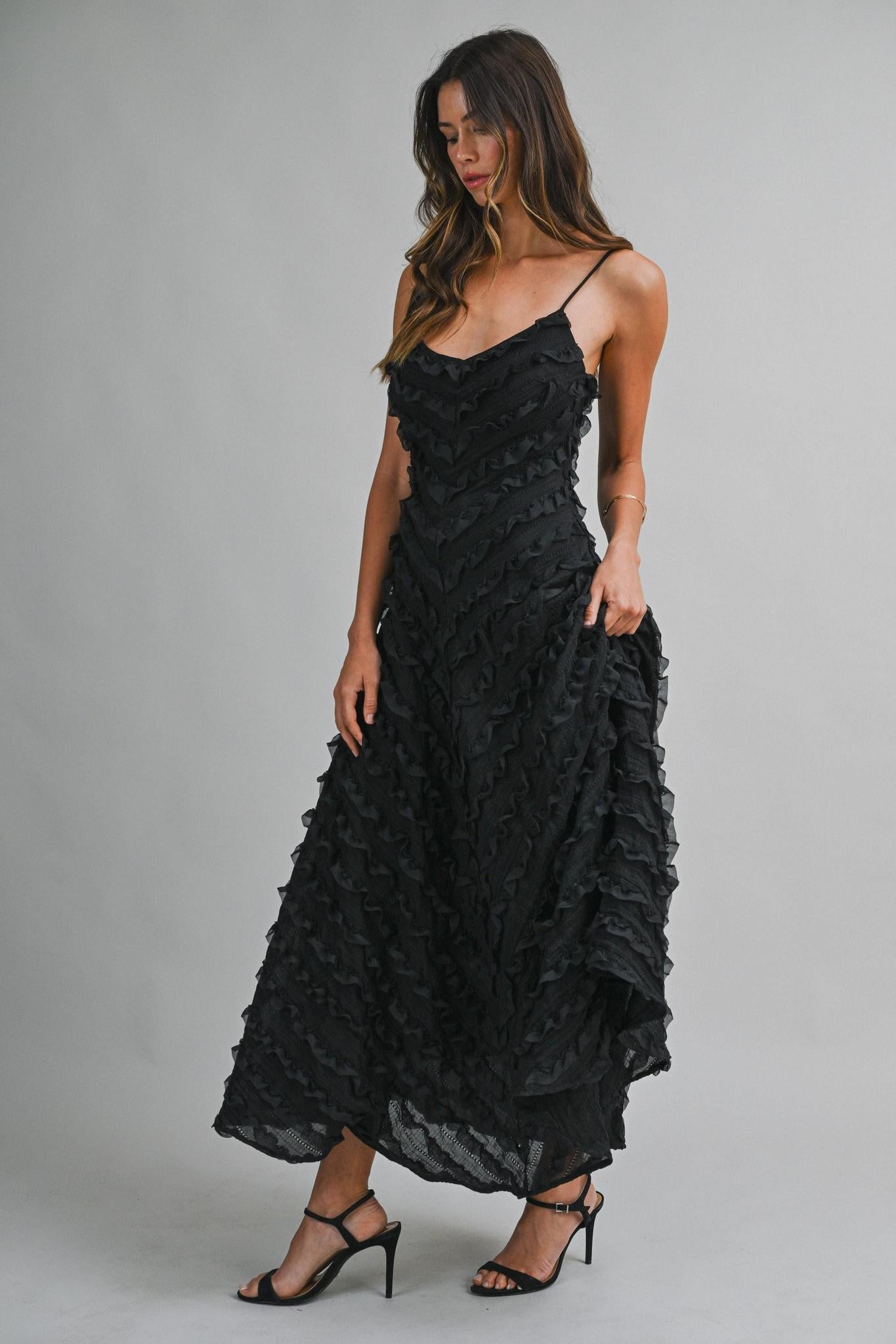 Black Adjustable Spaghetti Strap Chevron Ruffle Detail Midi Dress