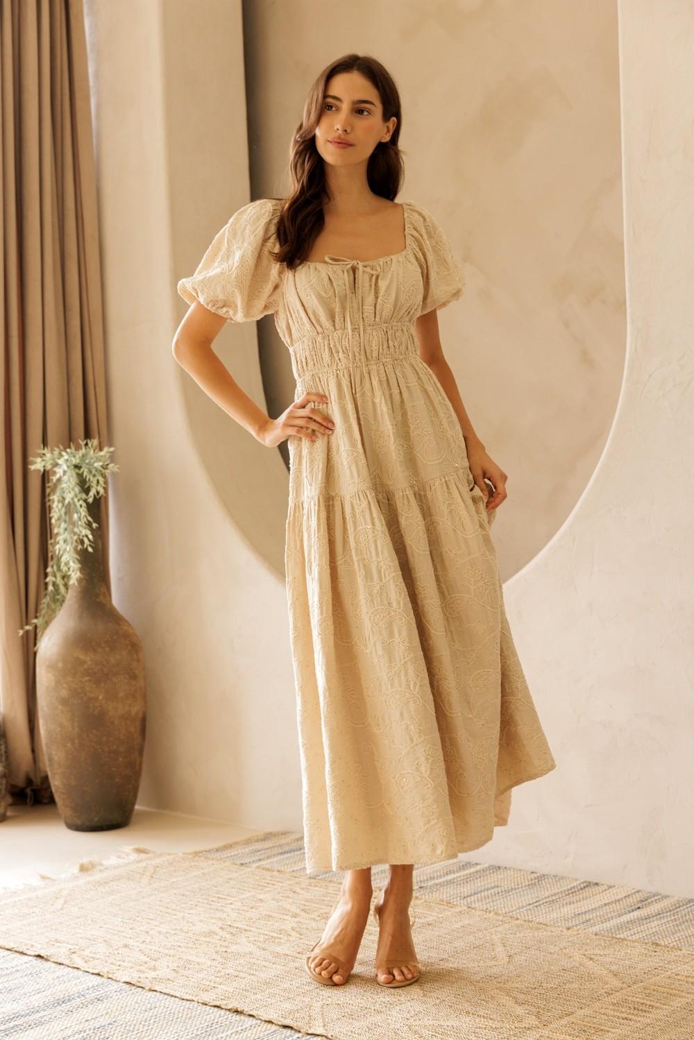 Beige Floral Embroidered Puff Sleeve Midi Dress