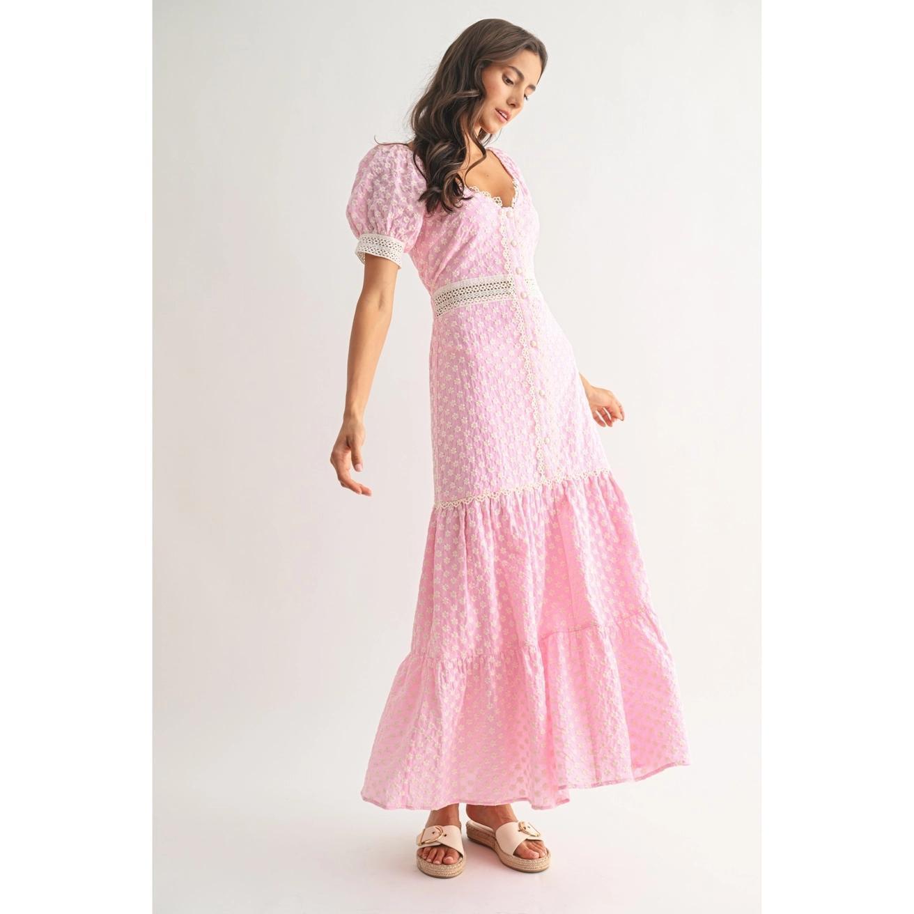 Pink Lace-Trimmed Maxi Dress
