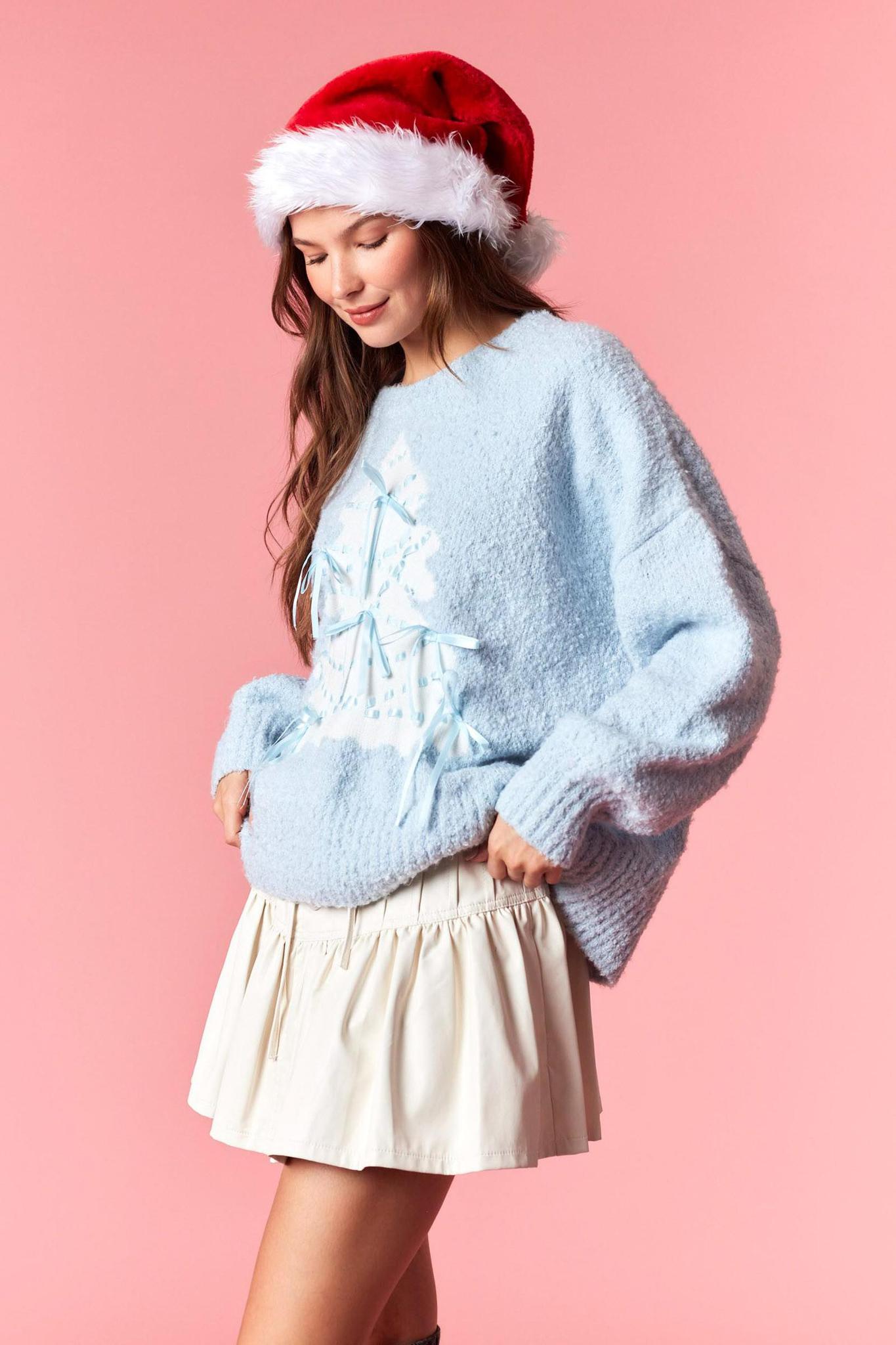 Christmas Tree Sweater W/ Satin Bow Detail