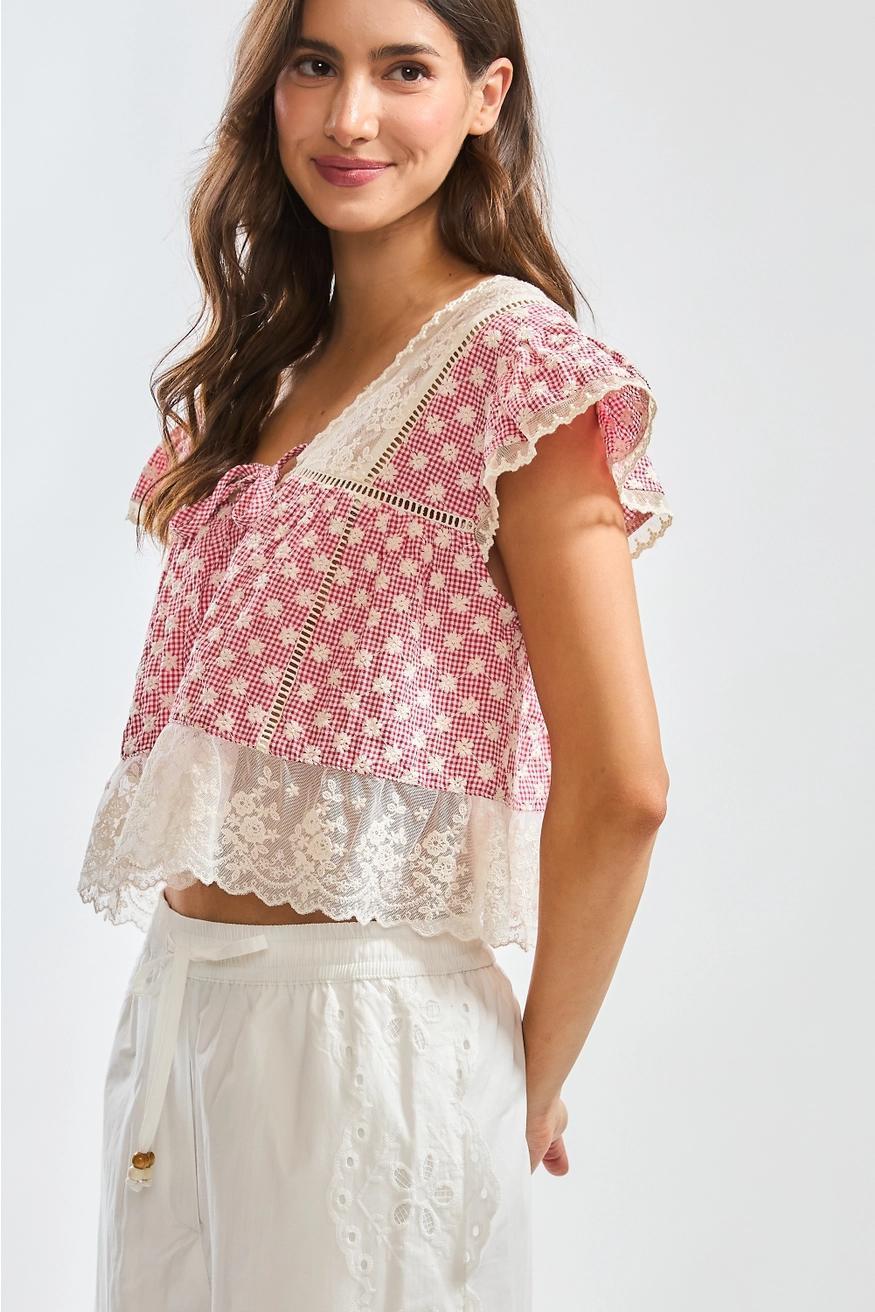 Red Gingham Lace Trim Blouse