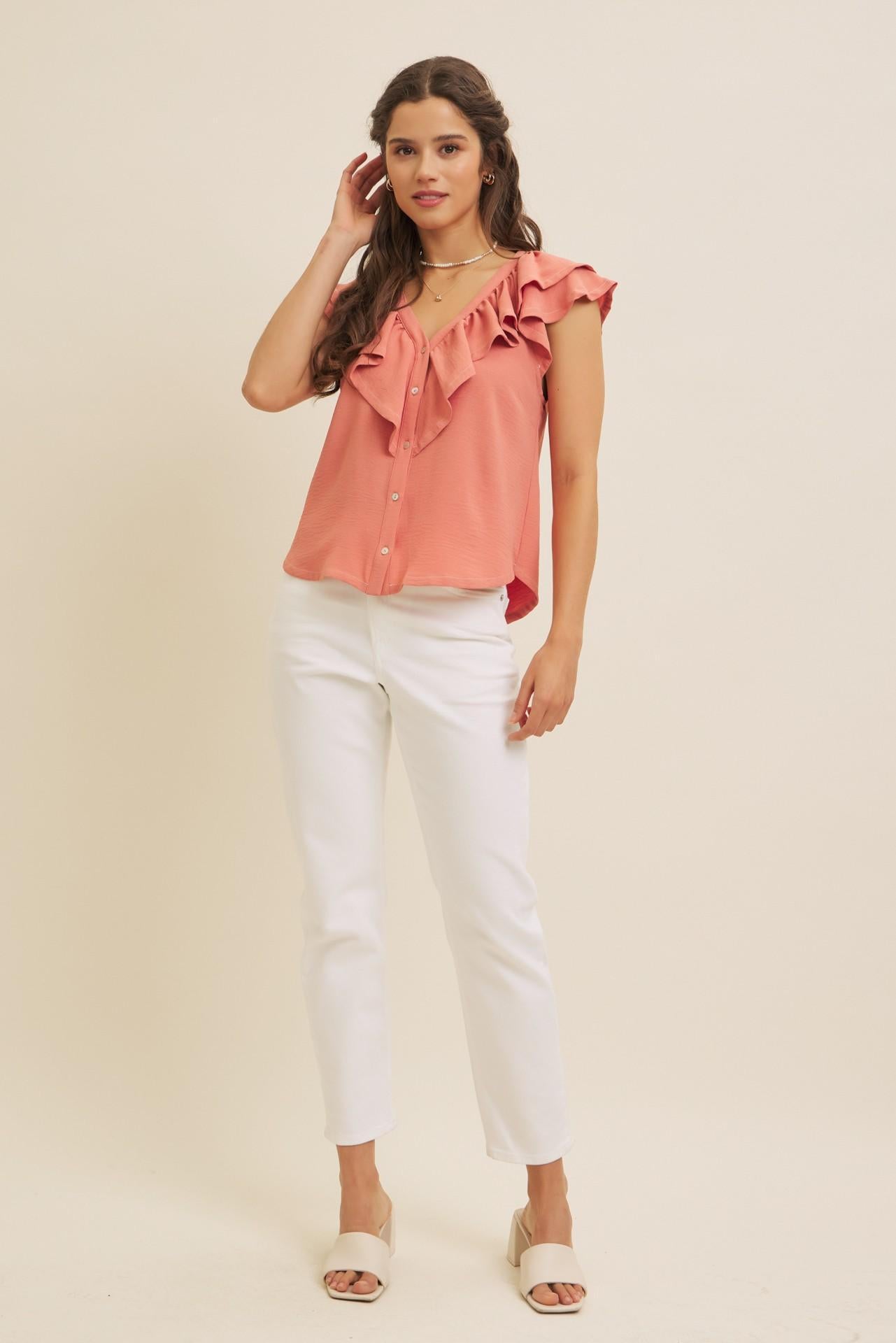 Terracotta Button-down Ruffle Blouse