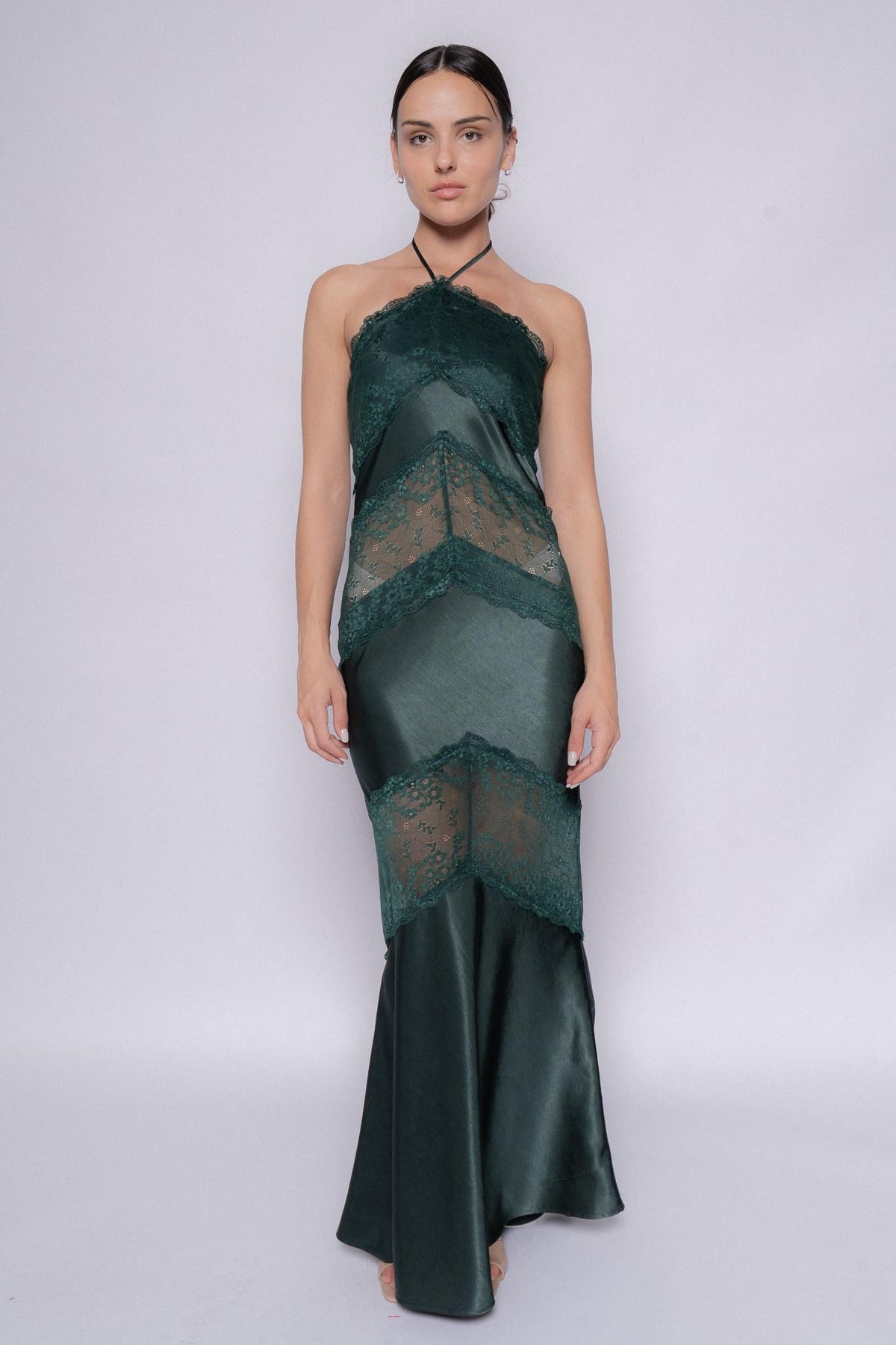 Forest Green Halter Lace Panel Maxi Dress