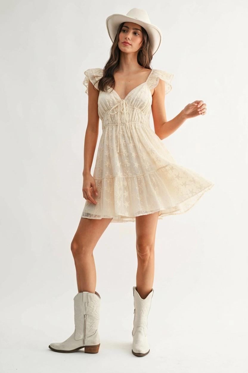 Chiffon Flutter Embroidered Sleeve Mini Dress - White